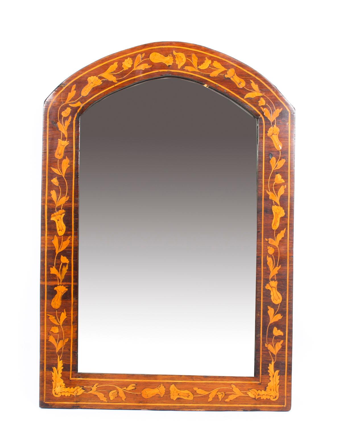 Antique Dutch Flame Mahogany and Floral Marquetry Wall Mirror, 19th Century 3