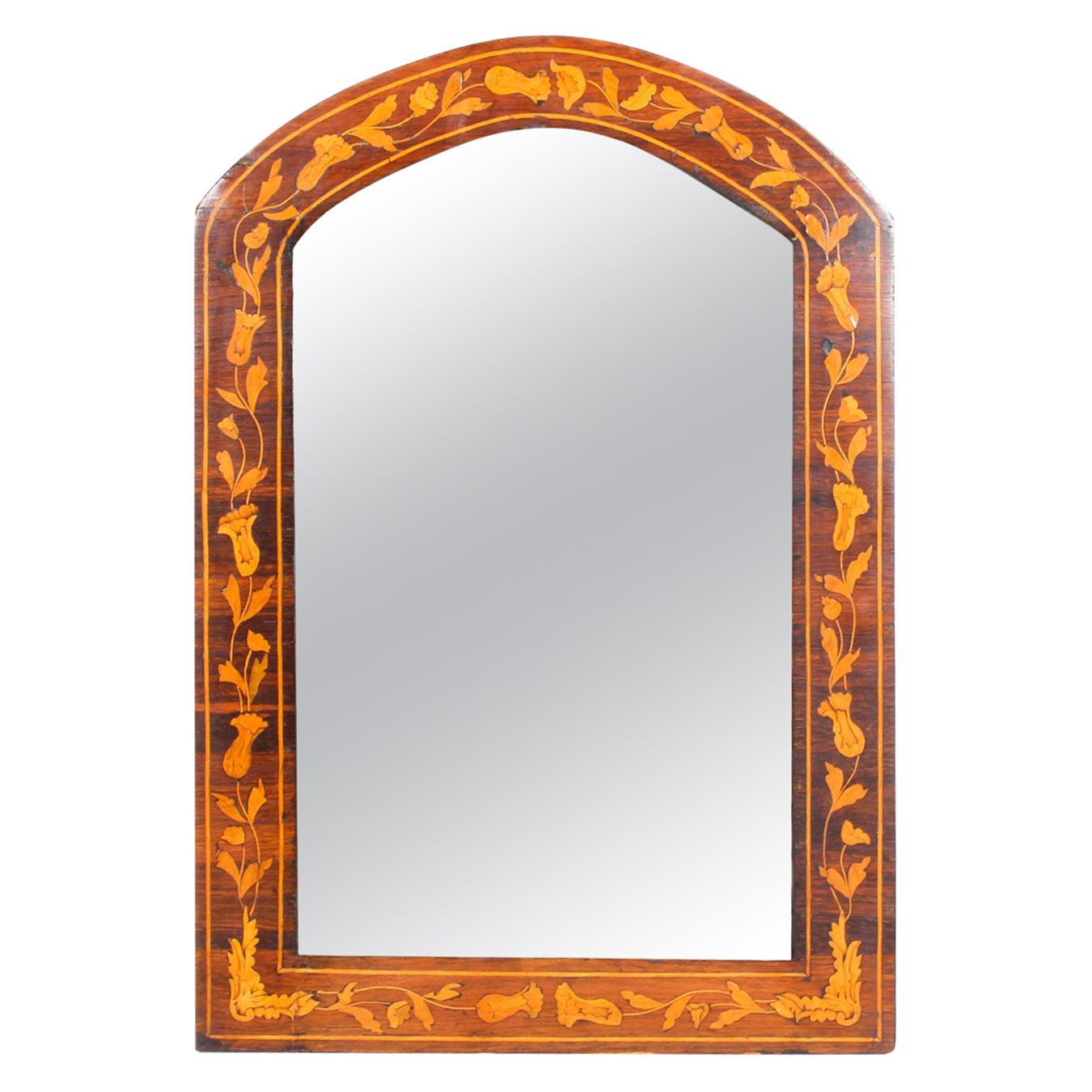 Antique Dutch Flame Mahogany and Floral Marquetry Wall Mirror, 19th Century