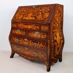 Antique Dutch Floral Marquetry Inlaid Bombé Bureau, 19th Century