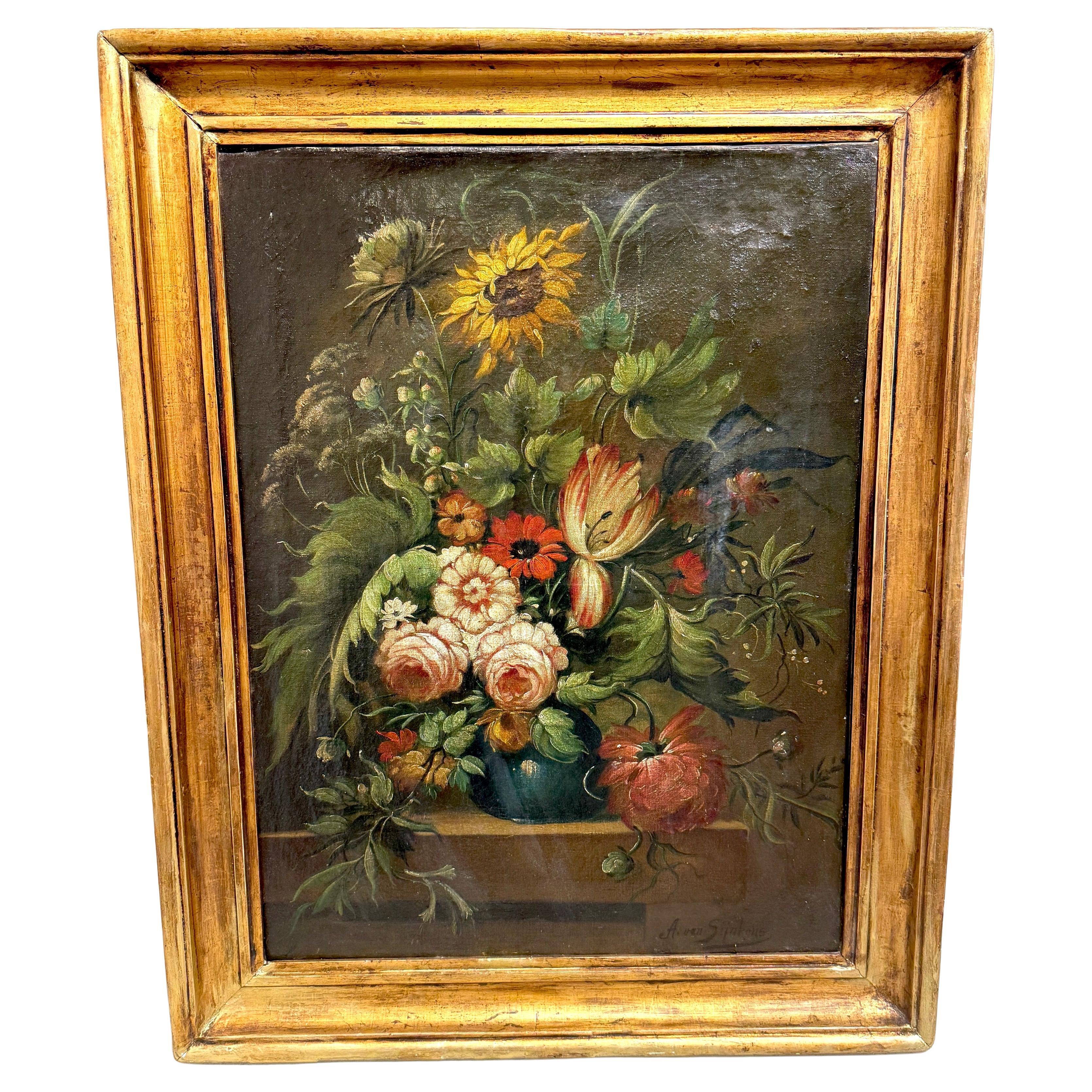 Antique Dutch Floral Still Life Signed “A. van Sijnkens”, 19th C or Older