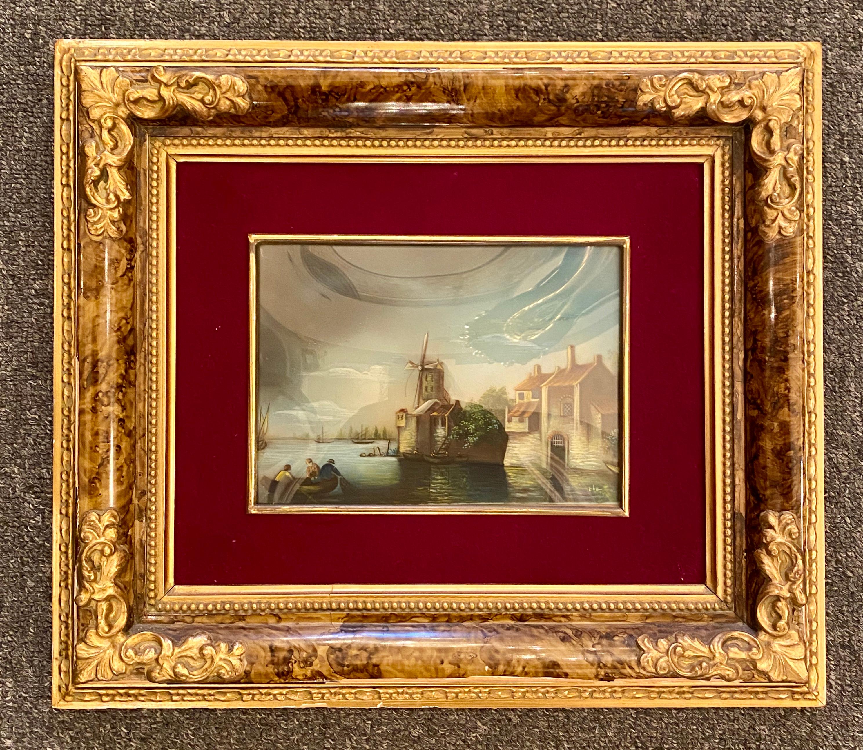 Antique Dutch framed harbor scene painting, Goache watercolor on card, circa 1860-1870.