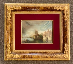 Antique Dutch Framed Goache Watercolor on Card Harbor Scene Painting circa 1860s