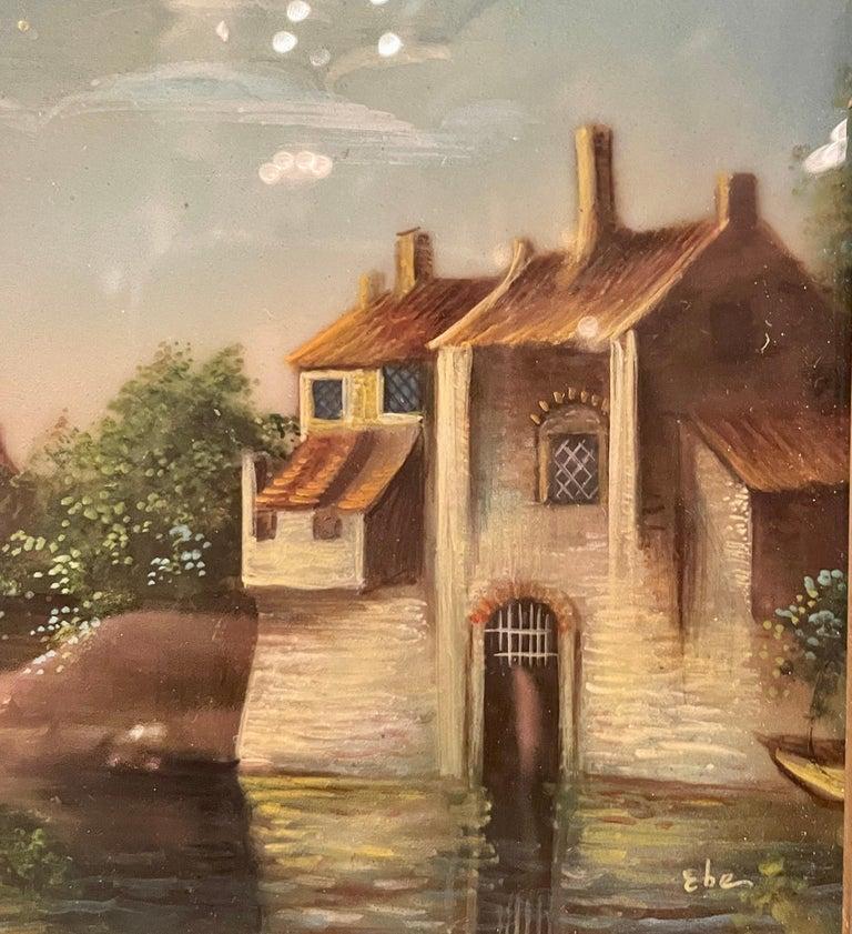 19th Century Antique Dutch Framed Goache Watercolor on Card Harbor Scene Painting circa 1860s For Sale