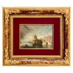 Antique Dutch Framed Goache Watercolor on Card Harbor Scene Painting circa 1860s