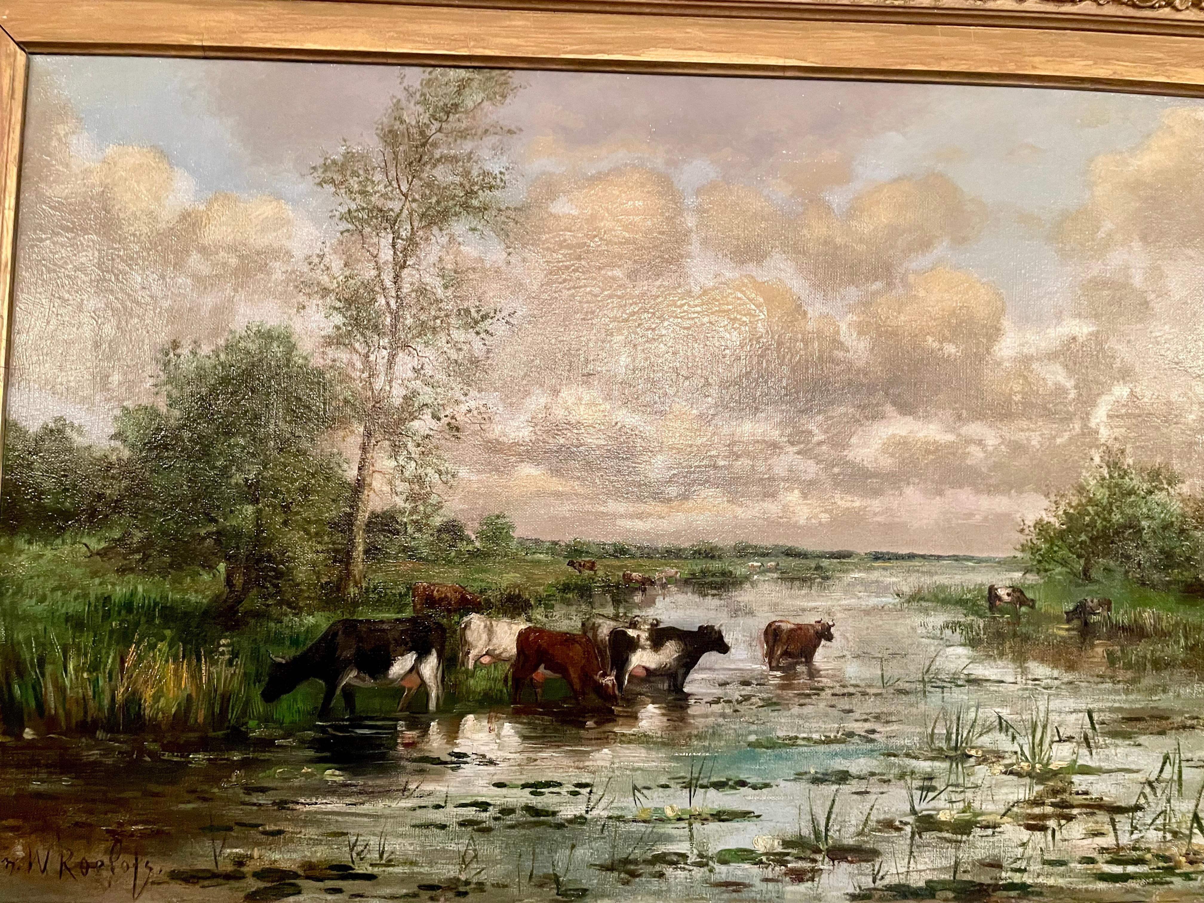 Antique Dutch Framed Oil on Canvas Painting, Pastoral Scene, Circa 1870-1880. In Good Condition For Sale In New Orleans, LA