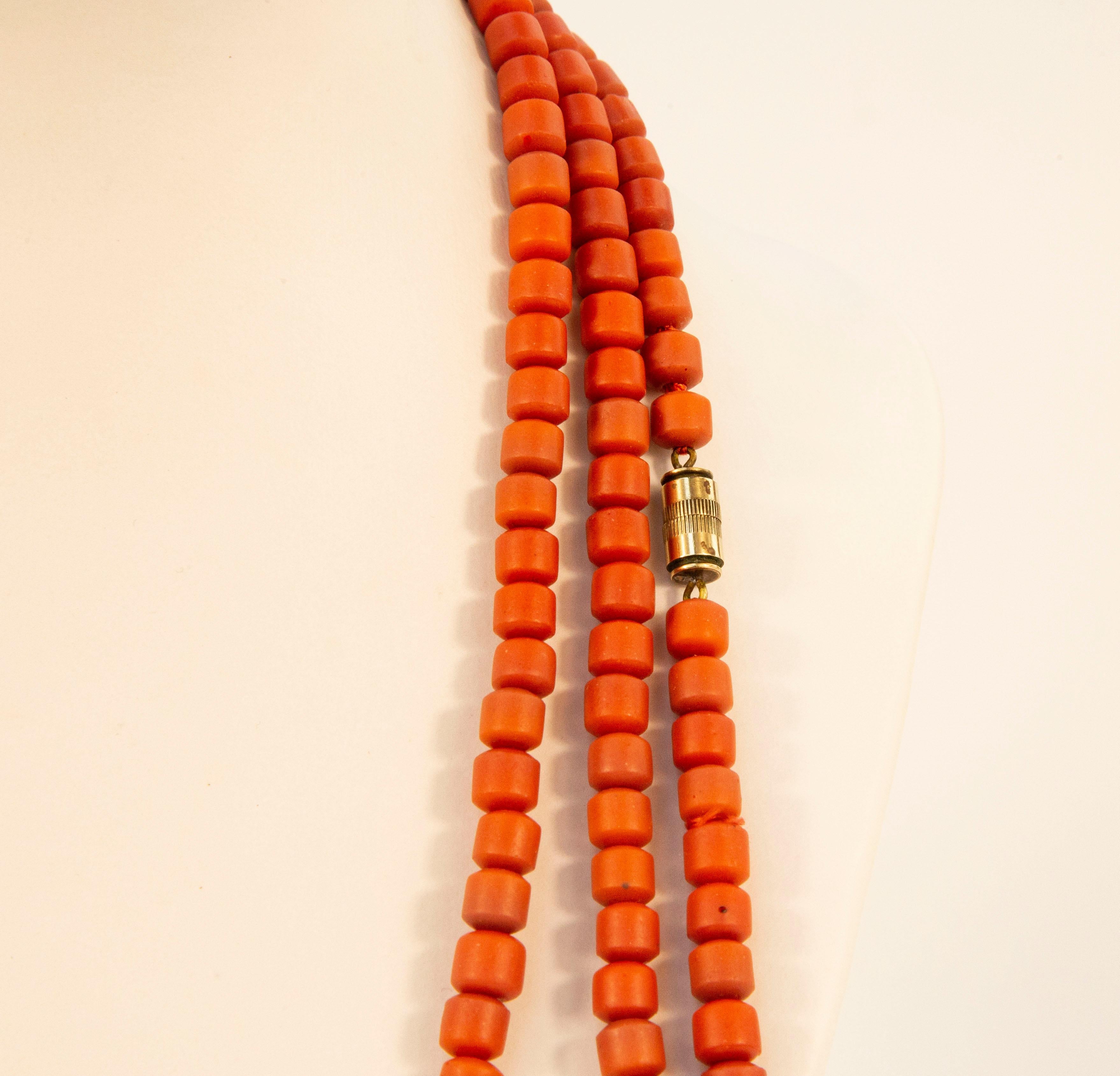 Women's or Men's Antique Dutch Genuine Red Coral Necklace with a Brass Barrel Lock  For Sale