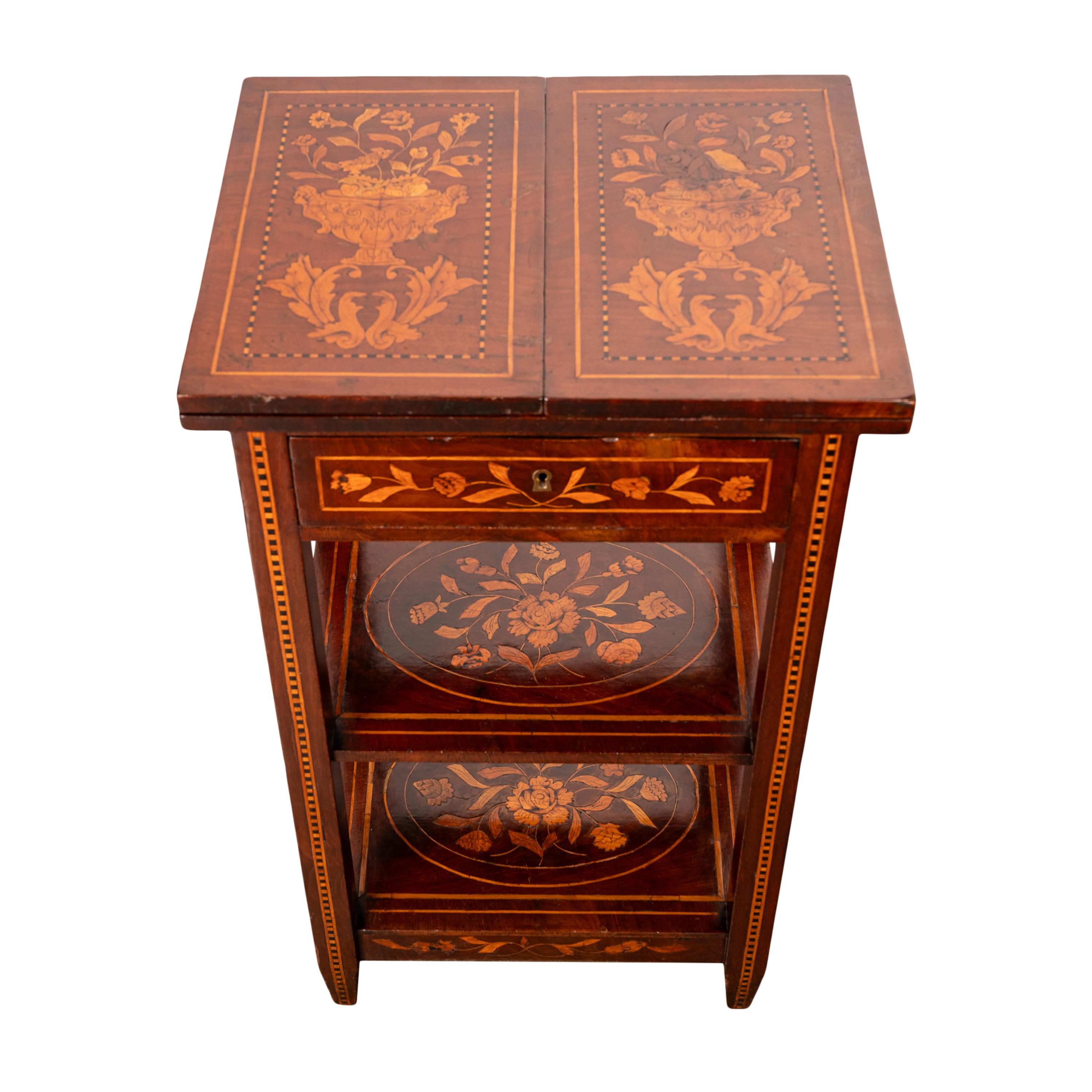 Regency Antique Dutch Georgian Marquetry Foldout Rosewood Satinwood Table Etagere 1820 For Sale