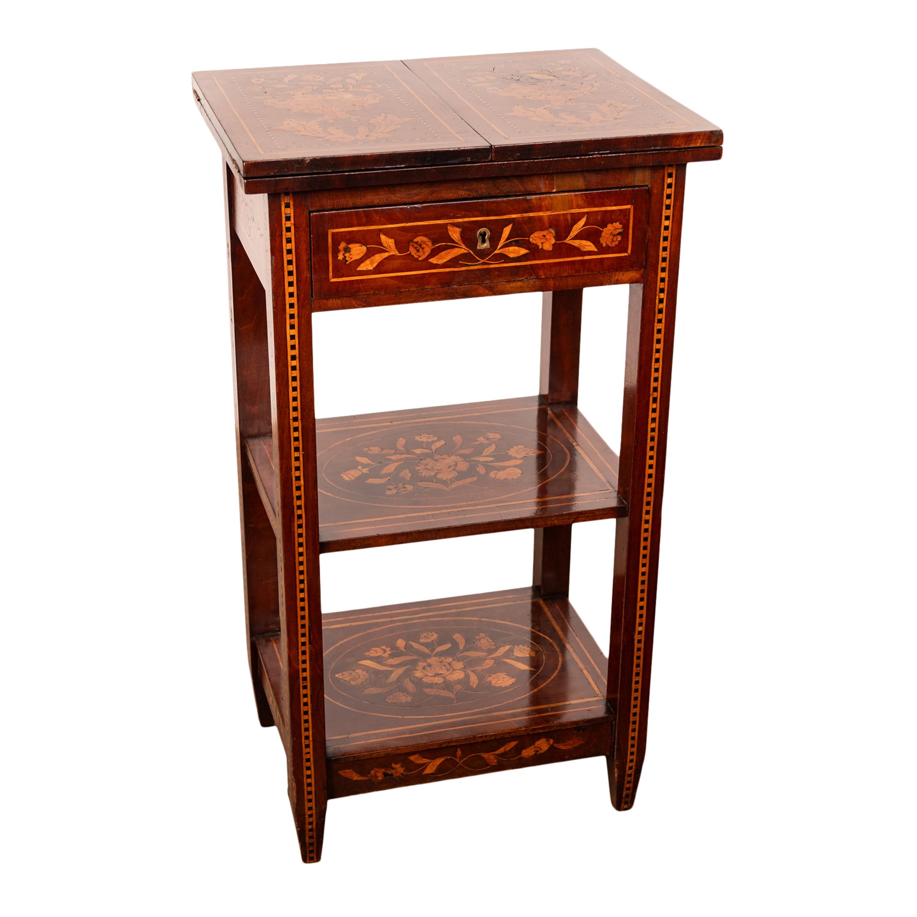 English Antique Dutch Georgian Marquetry Foldout Rosewood Satinwood Table Etagere 1820 For Sale
