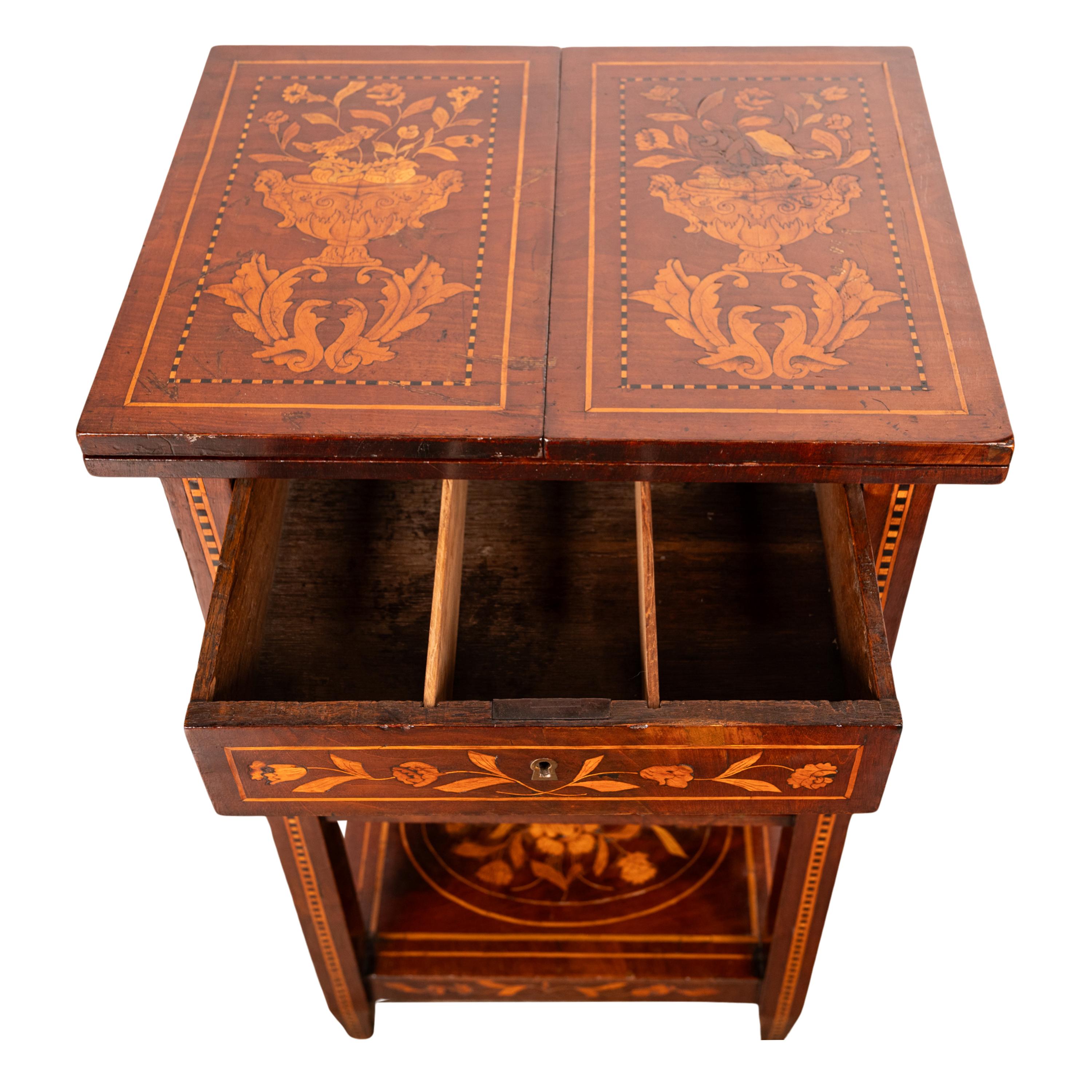 Antique Dutch Georgian Marquetry Foldout Rosewood Satinwood Table Etagere 1820 In Good Condition For Sale In Portland, OR