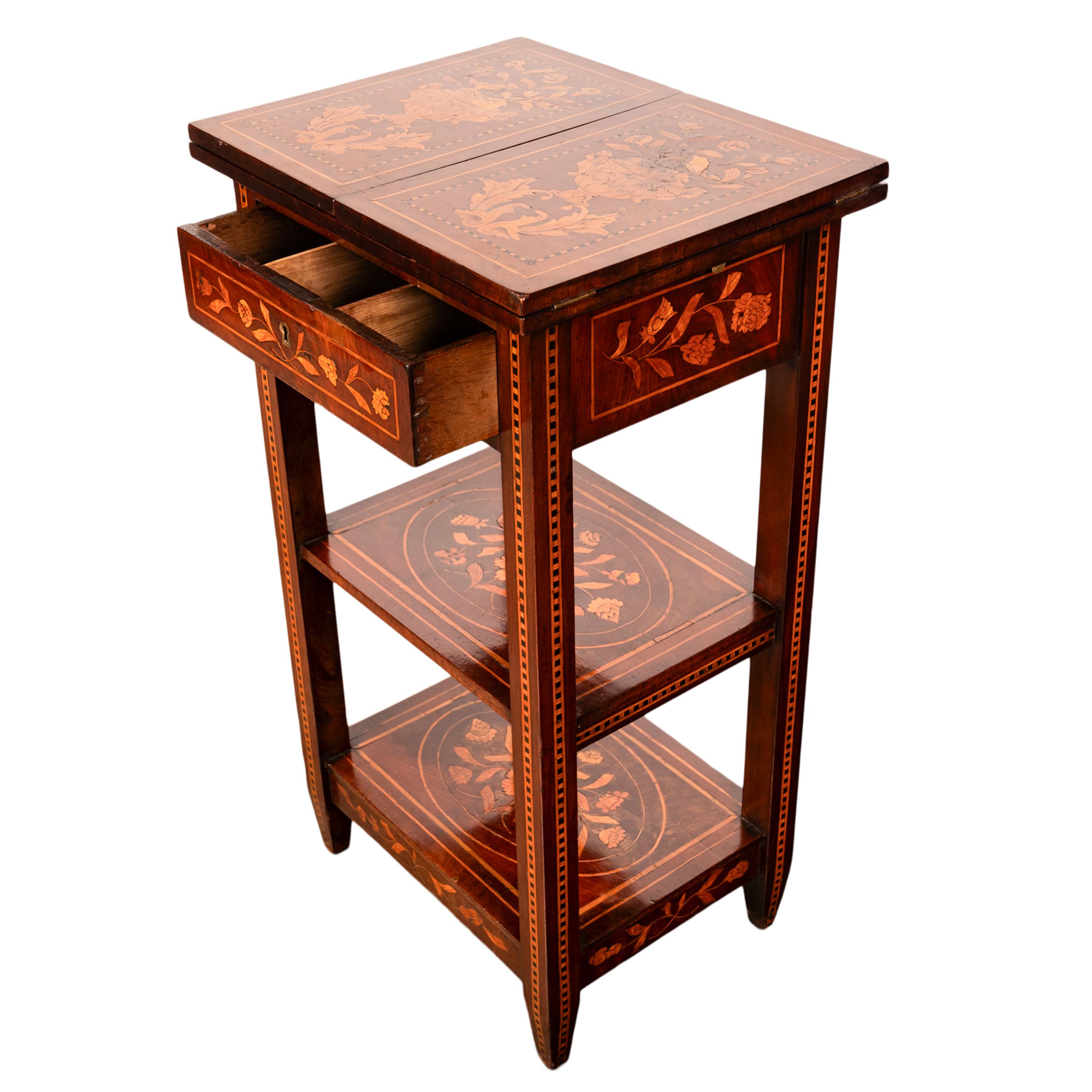 Early 19th Century Antique Dutch Georgian Marquetry Foldout Rosewood Satinwood Table Etagere 1820 For Sale