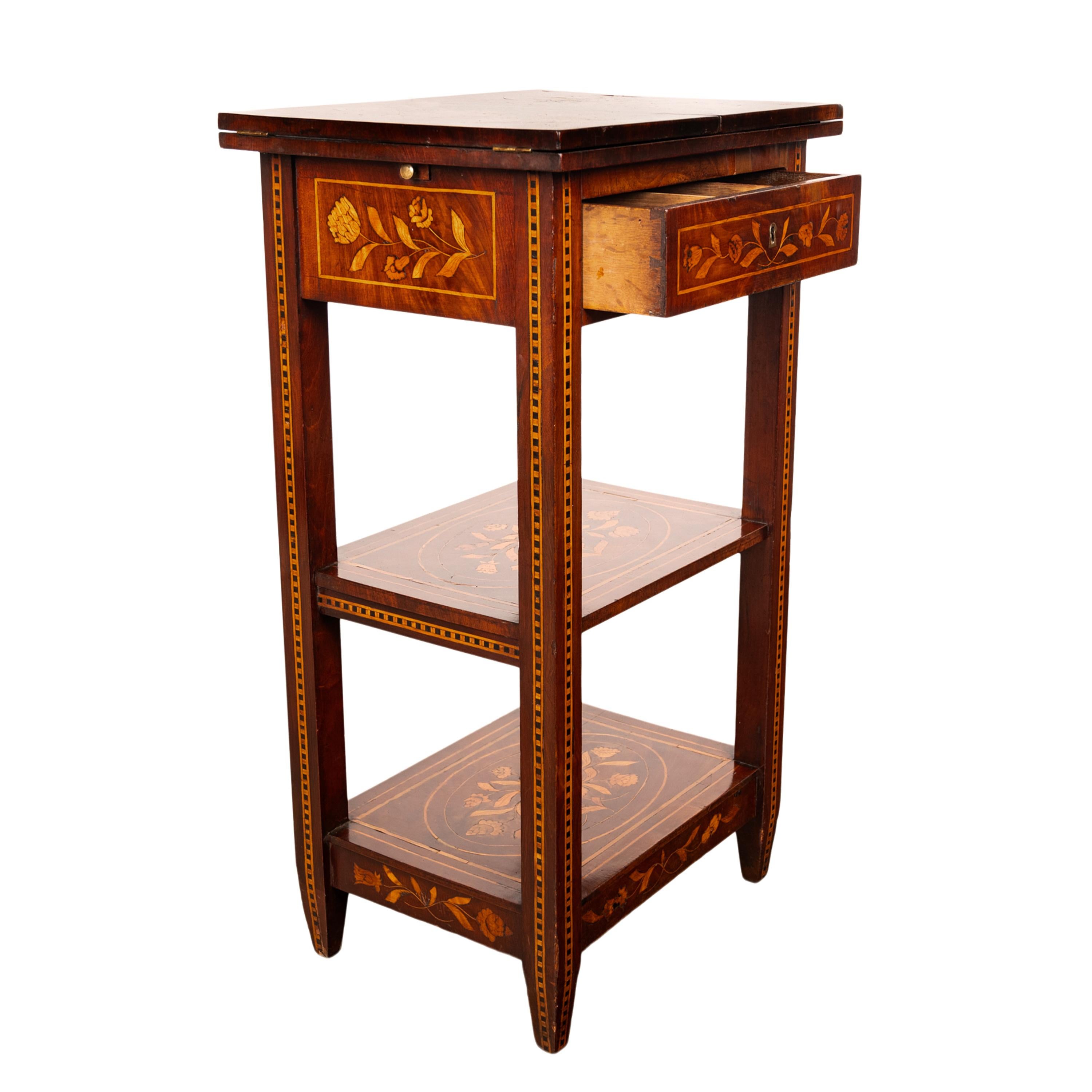 Ebony Antique Dutch Georgian Marquetry Foldout Rosewood Satinwood Table Etagere 1820 For Sale