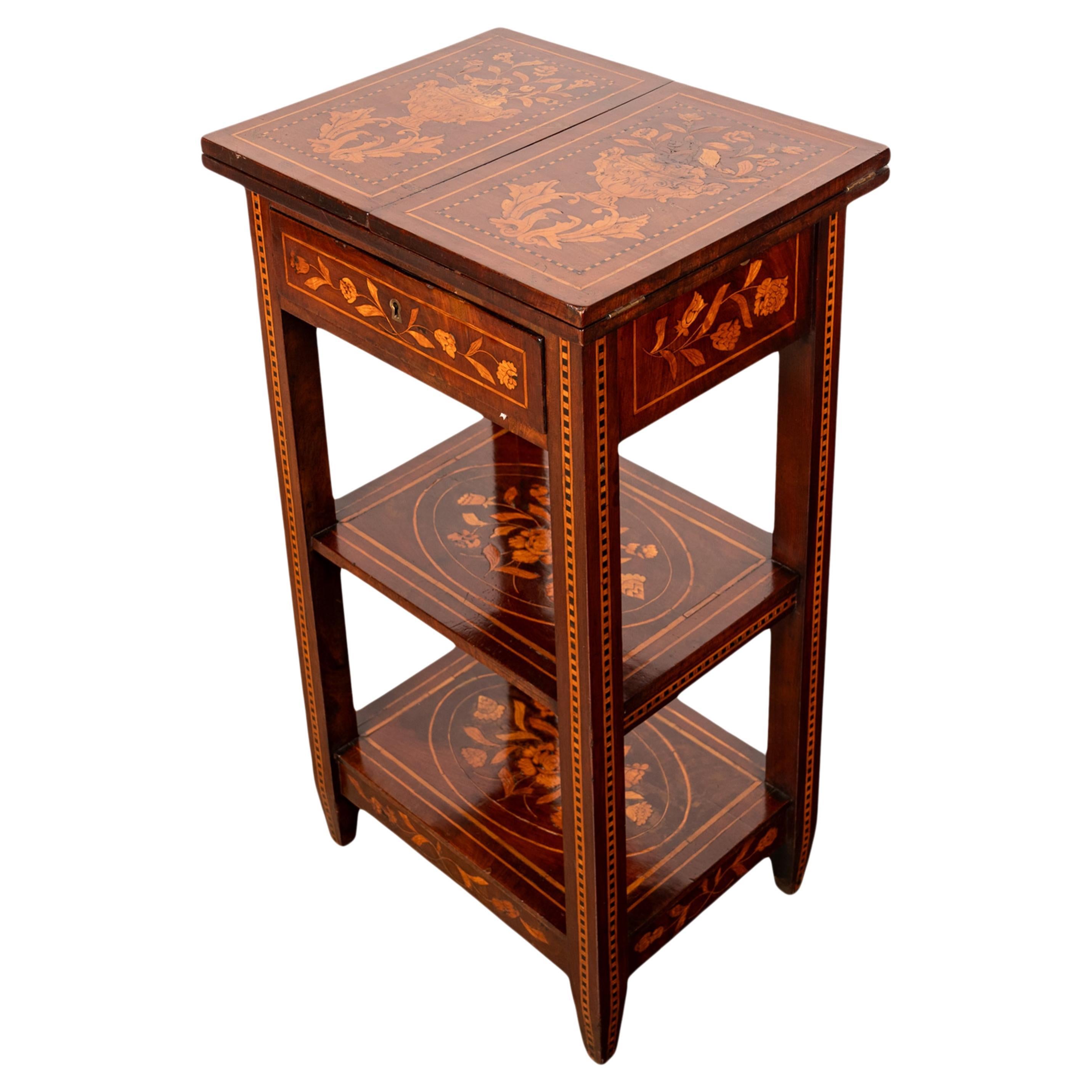 Antique Dutch Georgian Marquetry Foldout Rosewood Satinwood Table Etagere 1820 For Sale