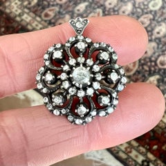 Antique Dutch Gold and Silver Rose Cut Diamond Floral Brooch Pendant