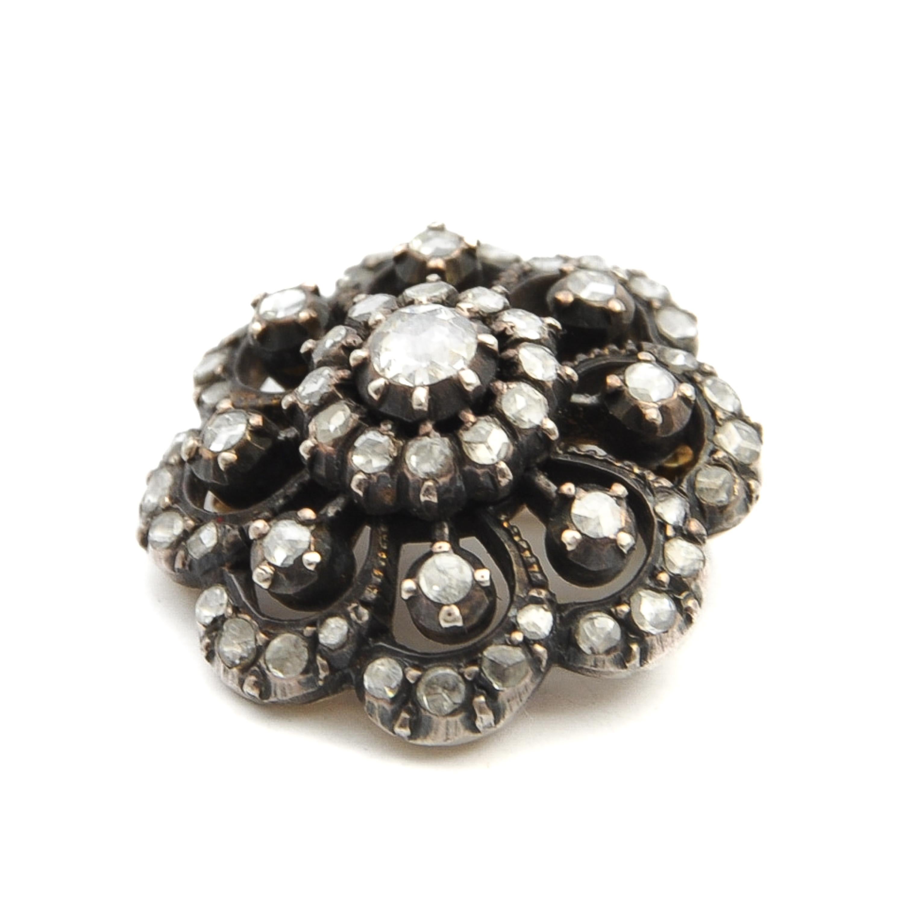 Colgante Broche Floral Holandés Antiguo de Oro y Plata con Diamantes talla Rosa Victoriano en venta
