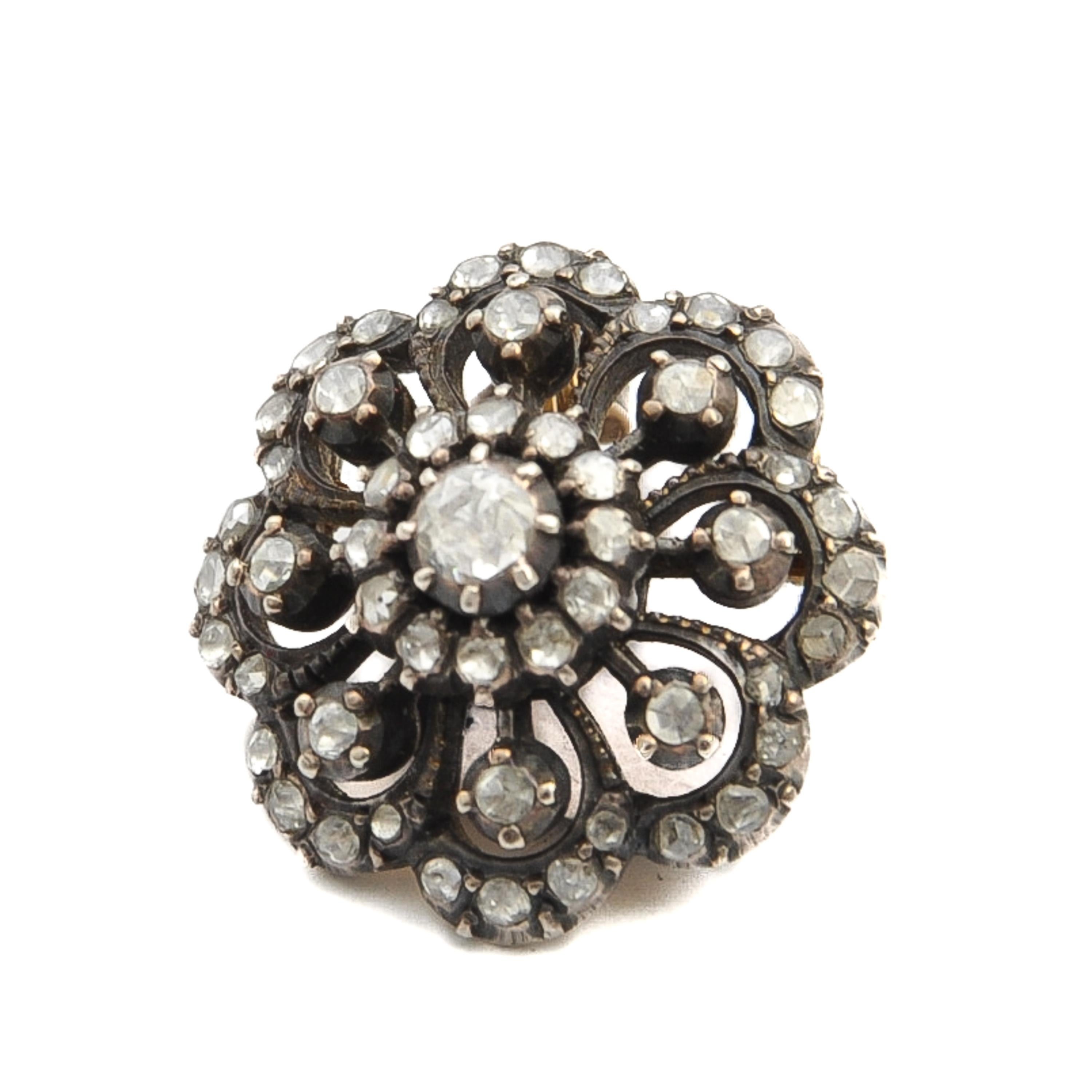 Colgante Broche Floral Holandés Antiguo de Oro y Plata con Diamantes talla Rosa en Bueno estado para la venta en Rotterdam, NL