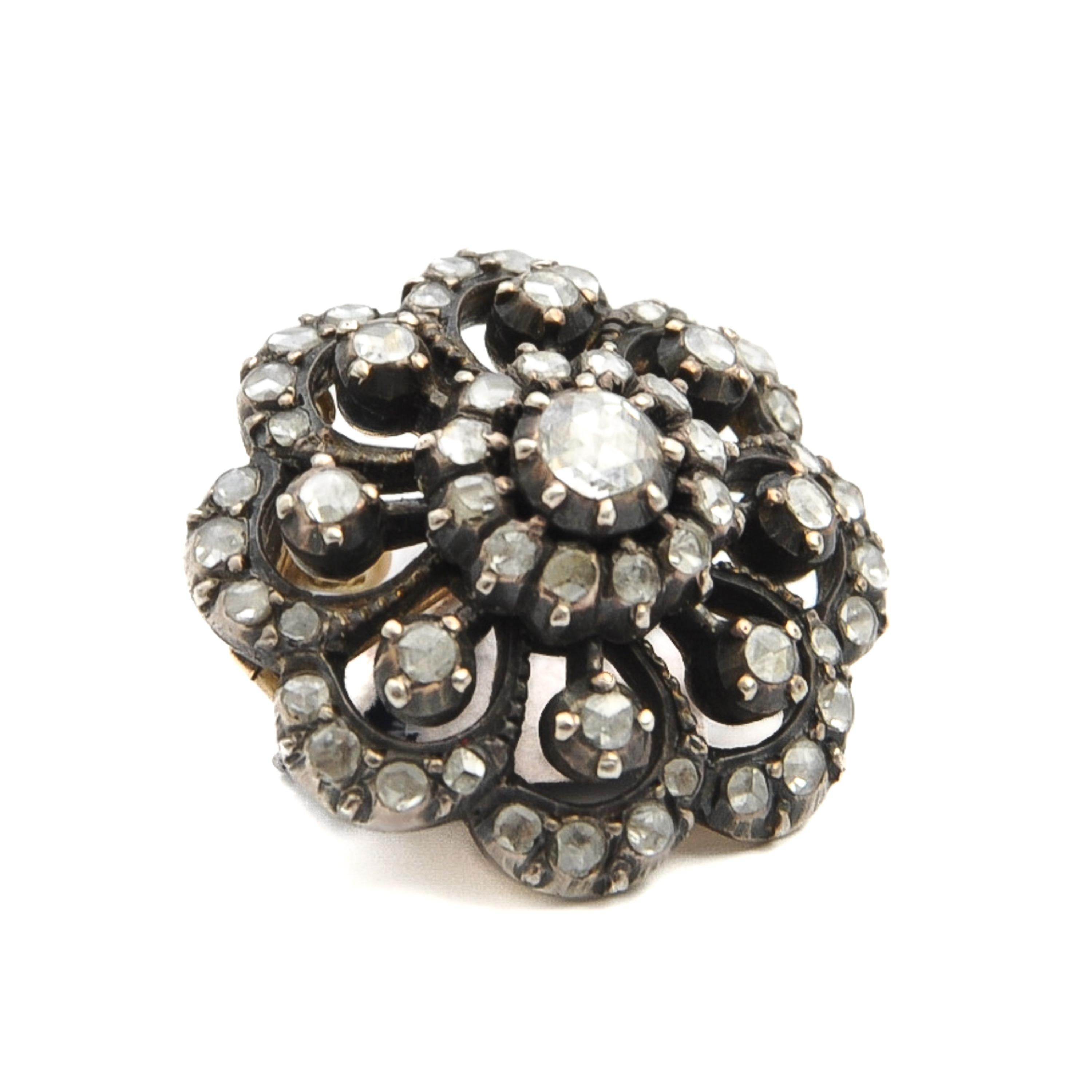 De las mujeres Colgante Broche Floral Holandés Antiguo de Oro y Plata con Diamantes talla Rosa en venta