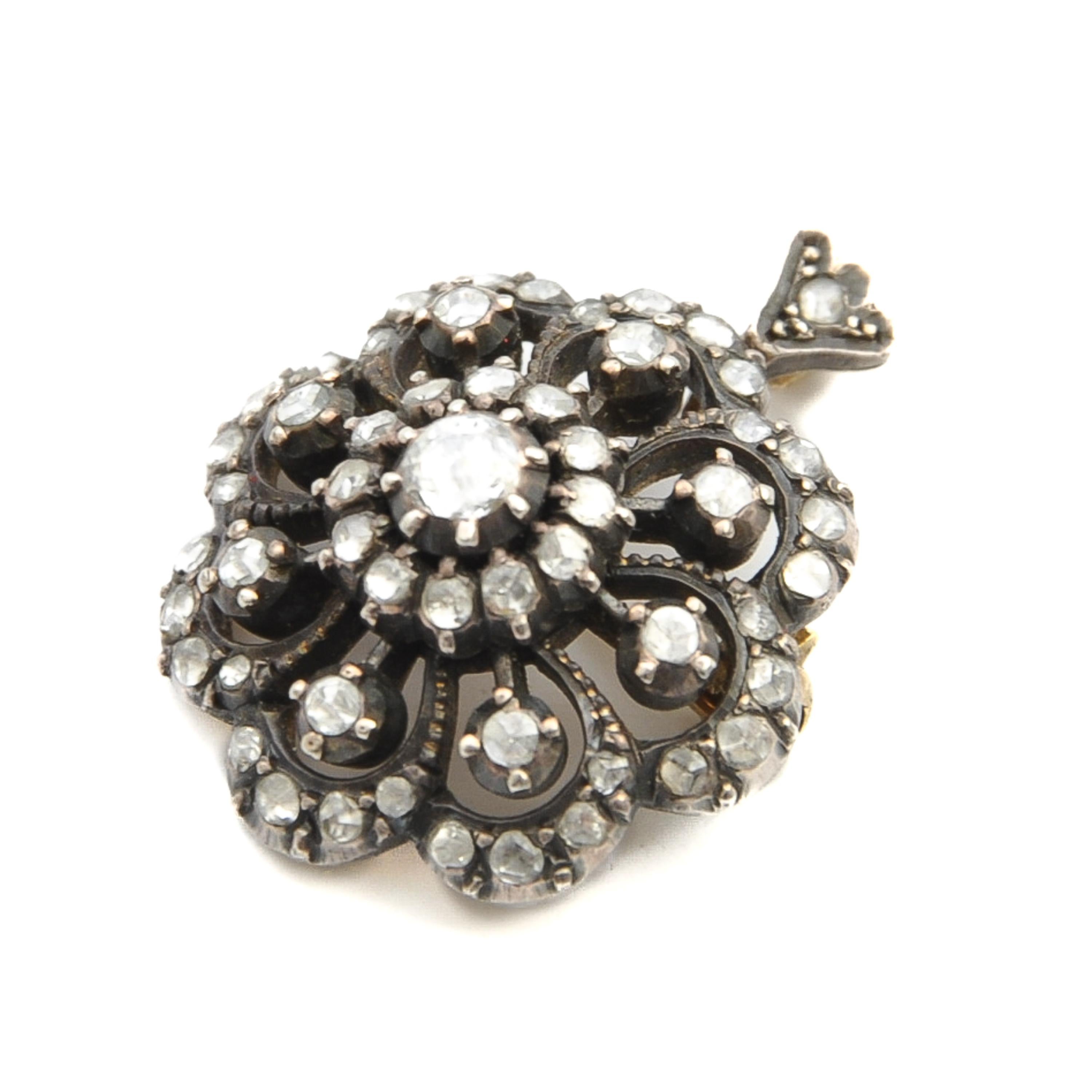 Colgante Broche Floral Holandés Antiguo de Oro y Plata con Diamantes talla Rosa en venta 1