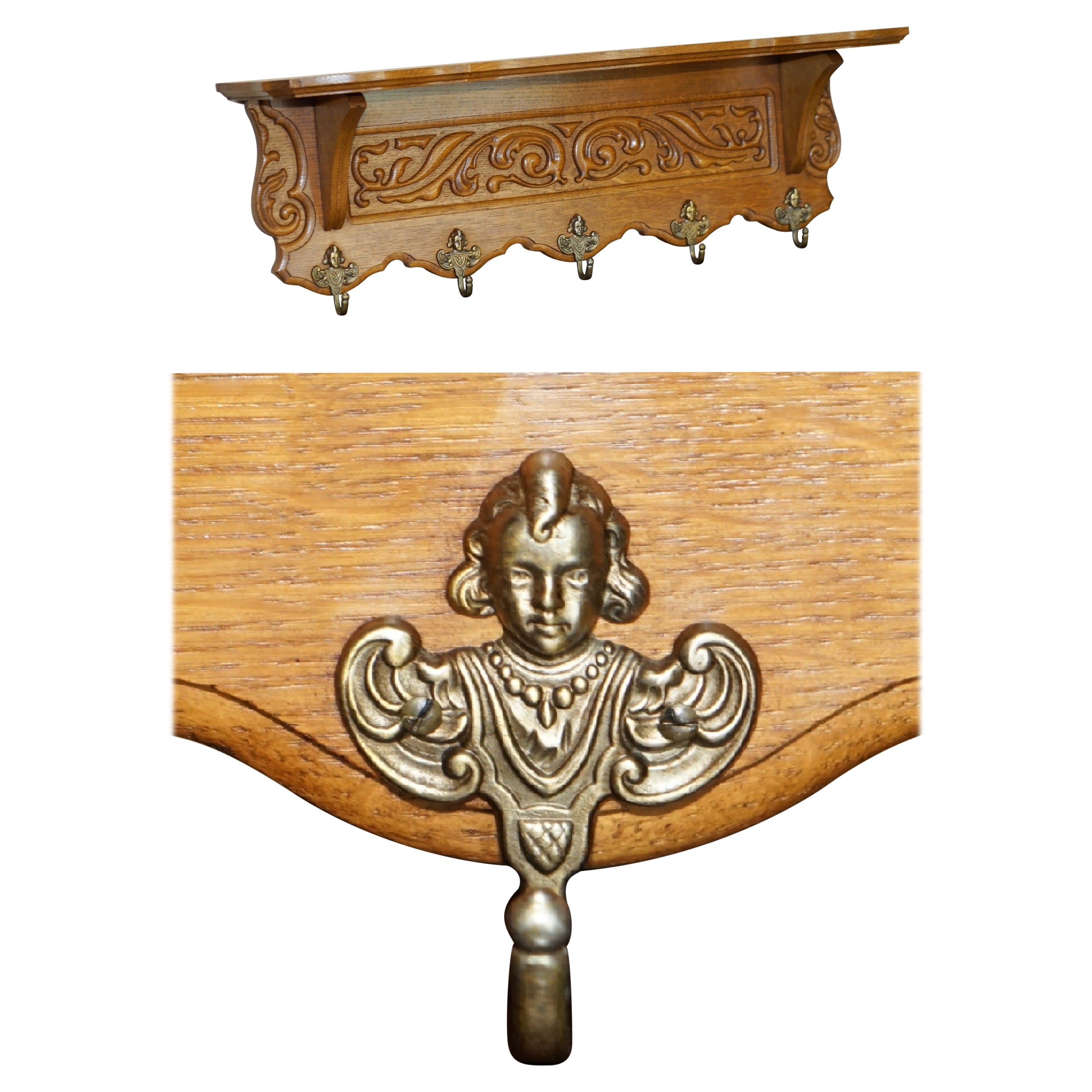 ANTiQUE DUTCH HEAVILY CARVED OAK COAT HAT SCARF WALL RACK HANGER FRENCH HOOKS