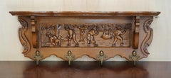 ANTIQUE DUTCH HEAVILY CARVED OAK COAT HAT SCARF WALL RACK HANGER LiON HEAD HOOKS