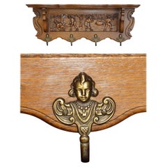ANTIQUE DUTCH HEAVILY CARVED OAK COAT HAT SCARF WALL RACK HANGER LiON HEAD HOOKS