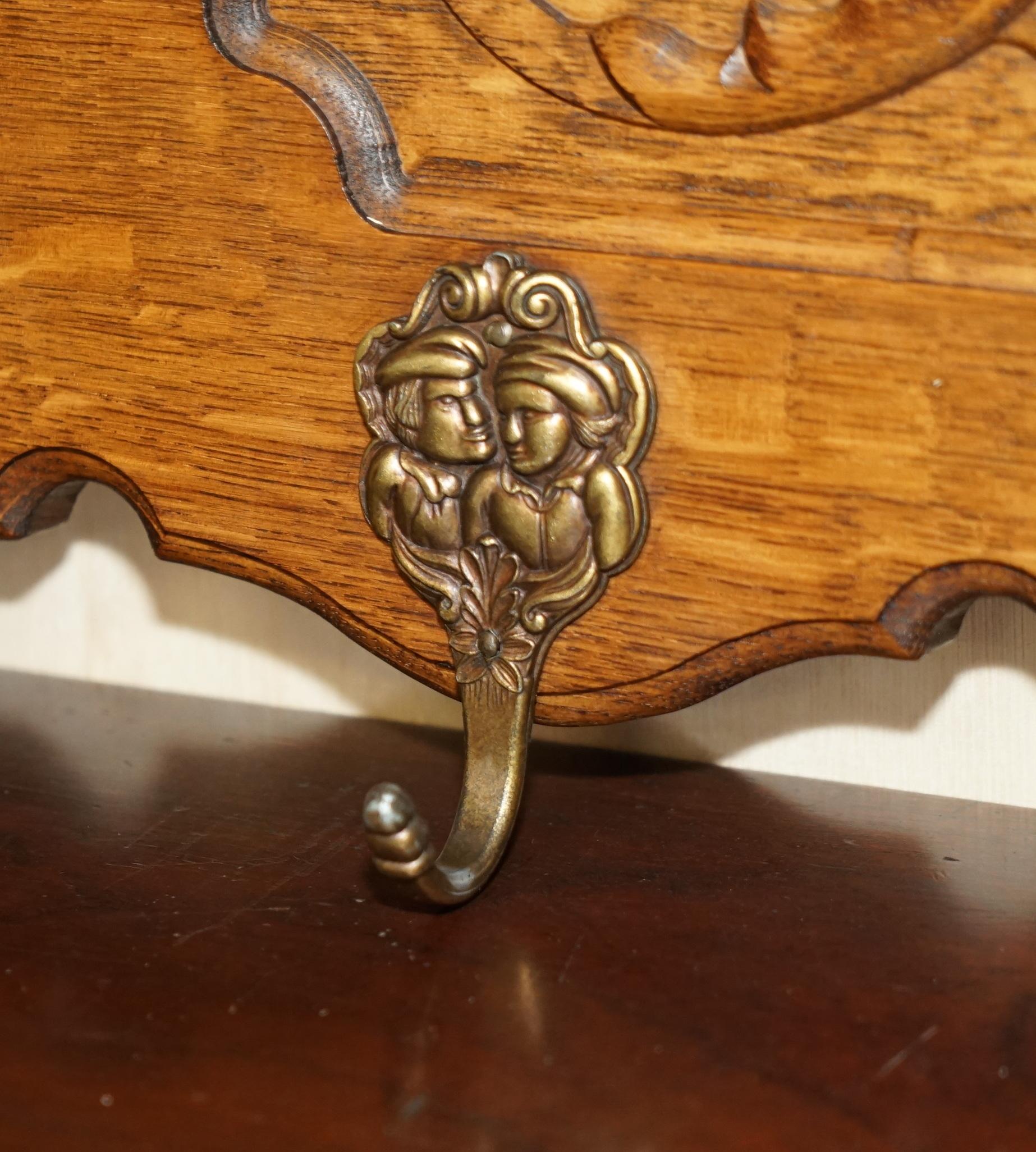 Antique Dutch Heavily Carved Oak Coat Hat Scarf Wall Rack Hanger Romantic Hooks For Sale 1