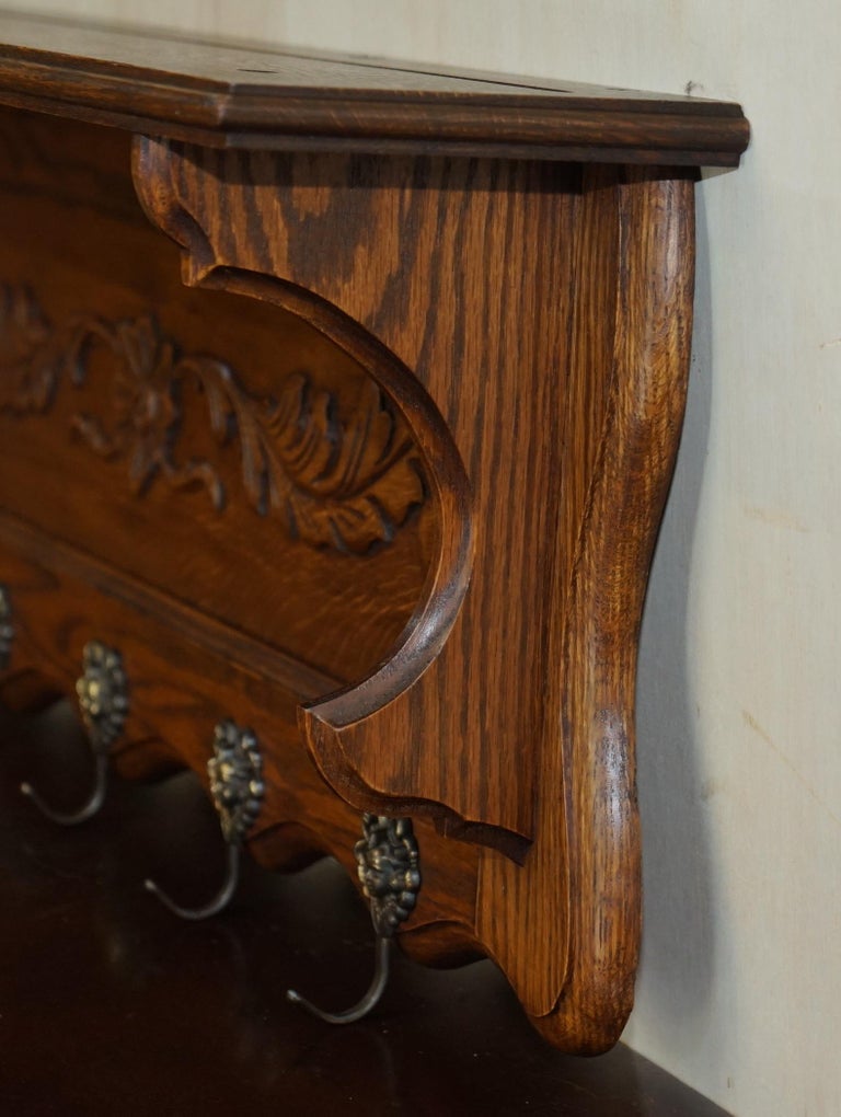 ANTiQUE DUTCH HEAVILY CARVED OAK COAT HAT SCARF WALL RACK HANGER ROYAL ...