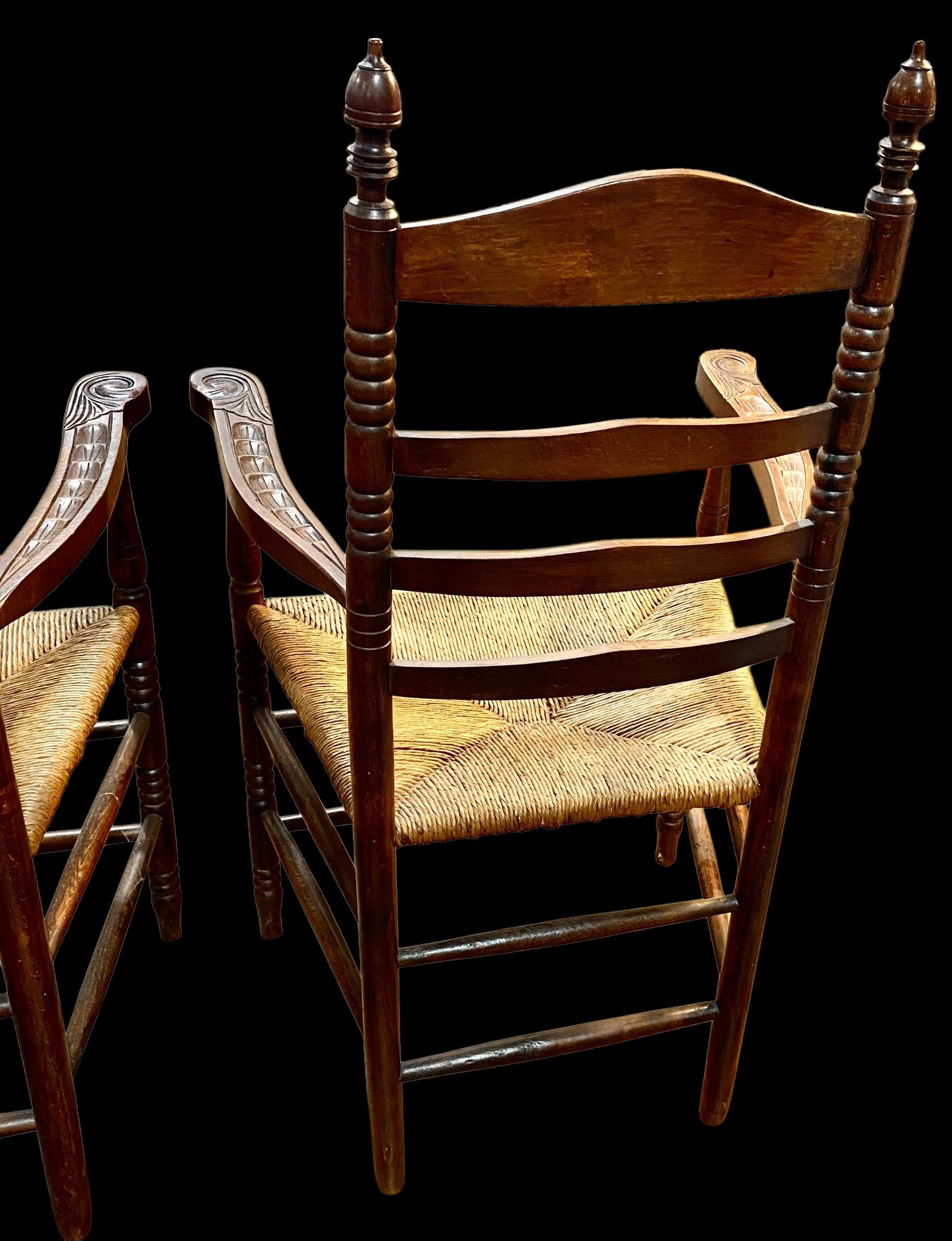Antique Dutch Ladder Back Carved Oak Rush Seat Armchairs For Sale 4