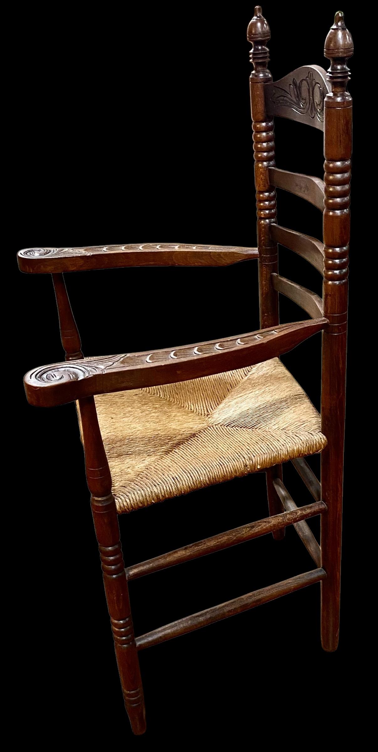Antique Dutch Ladder Back Carved Oak Rush Seat Armchairs For Sale 5