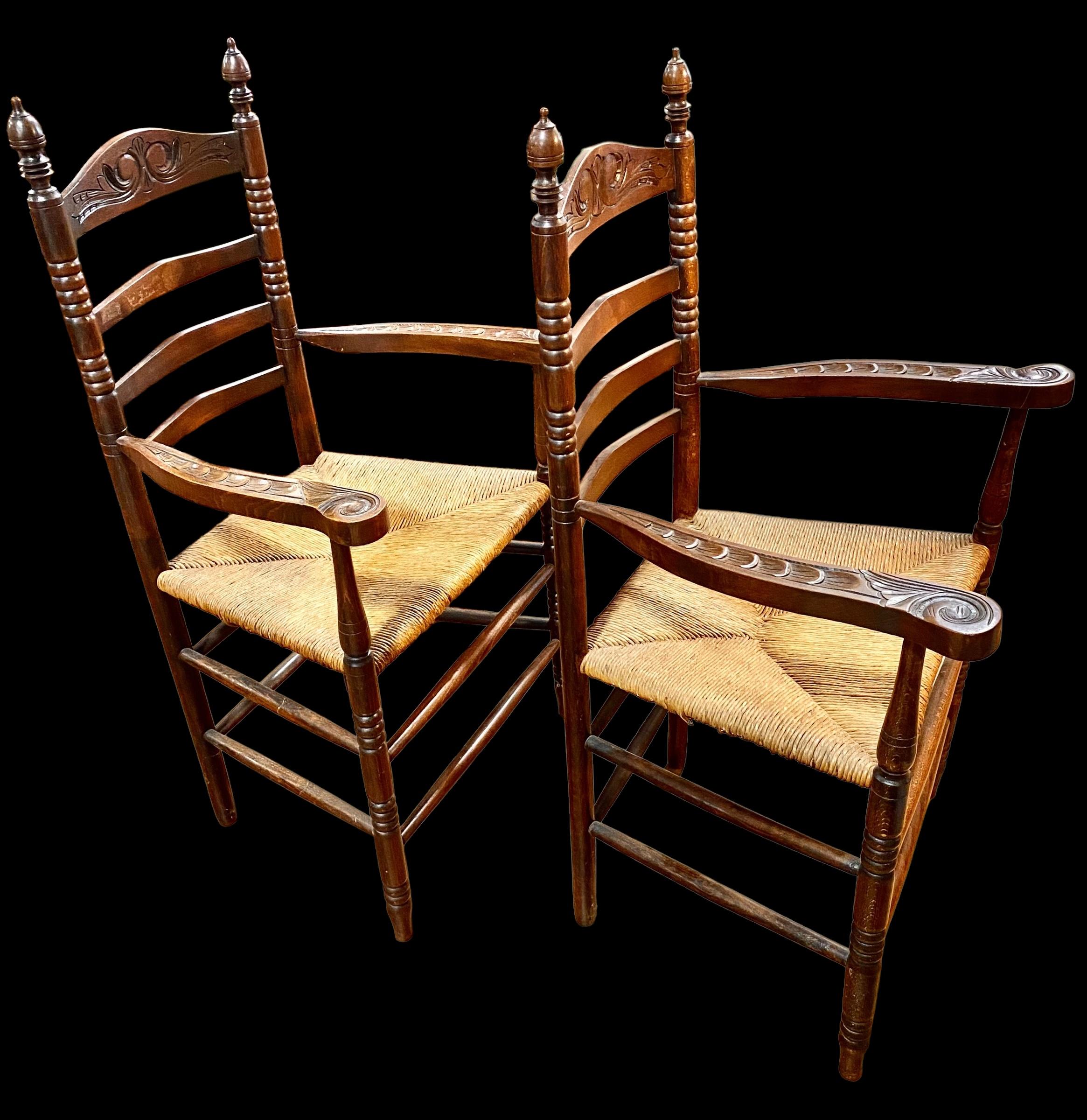 Antique Dutch Ladder Back Carved Oak Rush Seat Armchairs For Sale 6