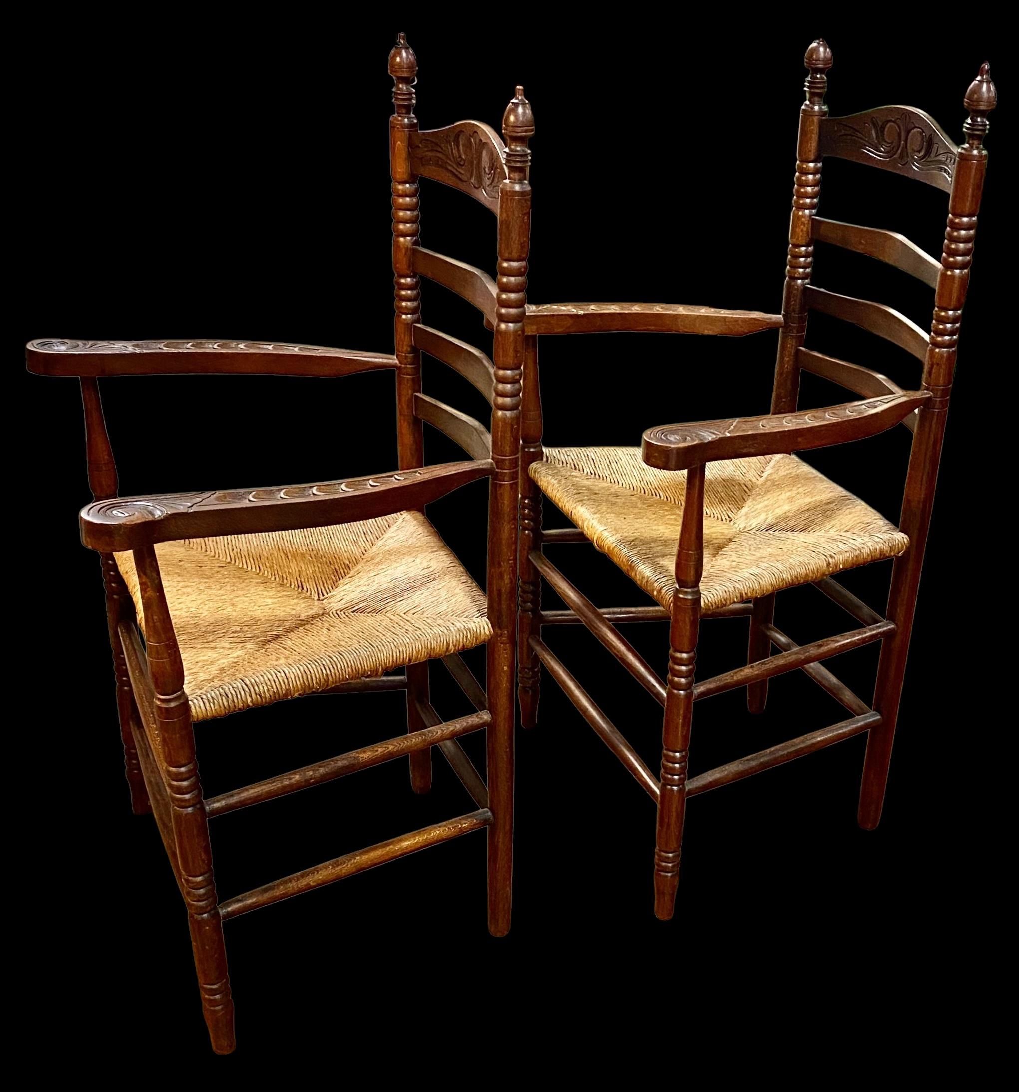 Antique Dutch Ladder Back Carved Oak Rush Seat Armchairs For Sale 8