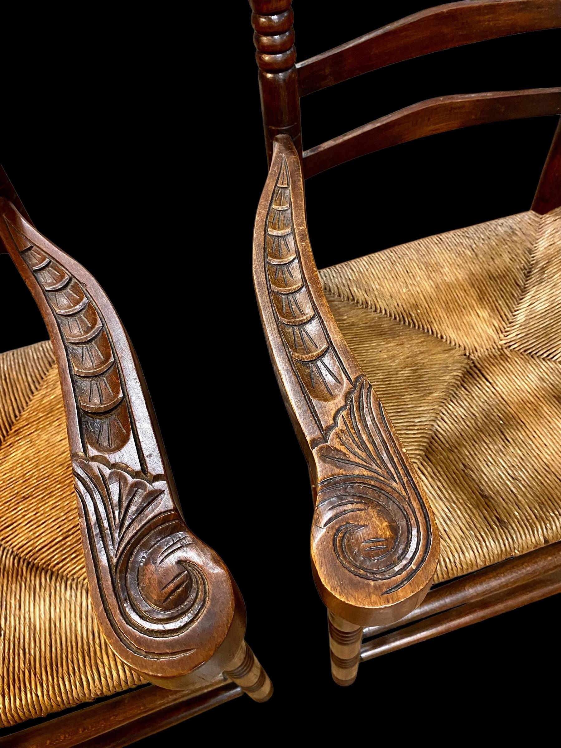 Dutch Colonial Antique Dutch Ladder Back Carved Oak Rush Seat Armchairs For Sale