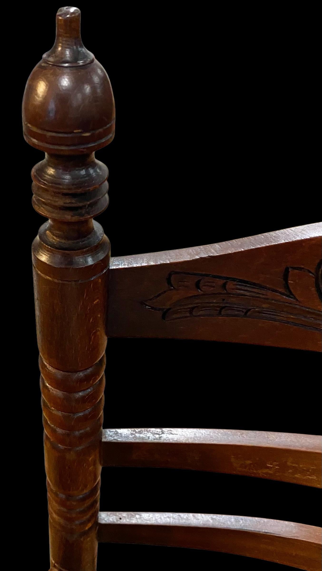 Hand-Carved Antique Dutch Ladder Back Carved Oak Rush Seat Armchairs For Sale
