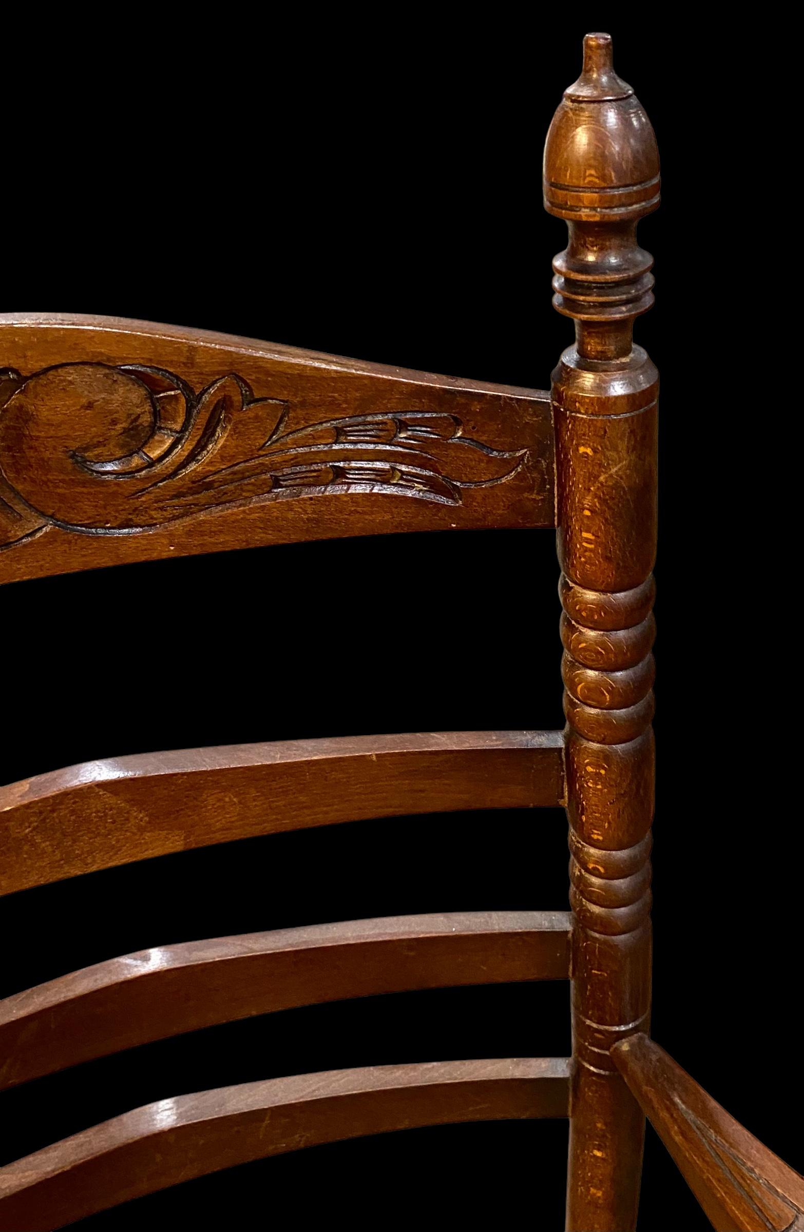 Antique Dutch Ladder Back Carved Oak Rush Seat Armchairs In Good Condition For Sale In New Orleans, LA