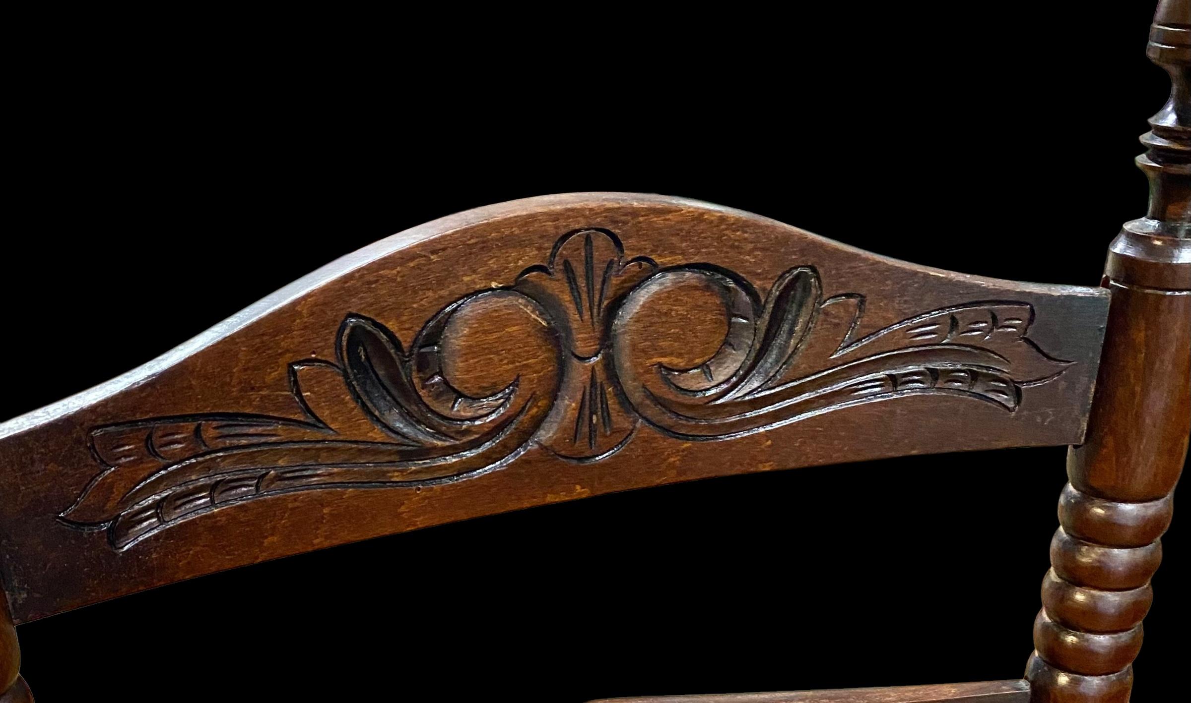 Late 19th Century Antique Dutch Ladder Back Carved Oak Rush Seat Armchairs For Sale