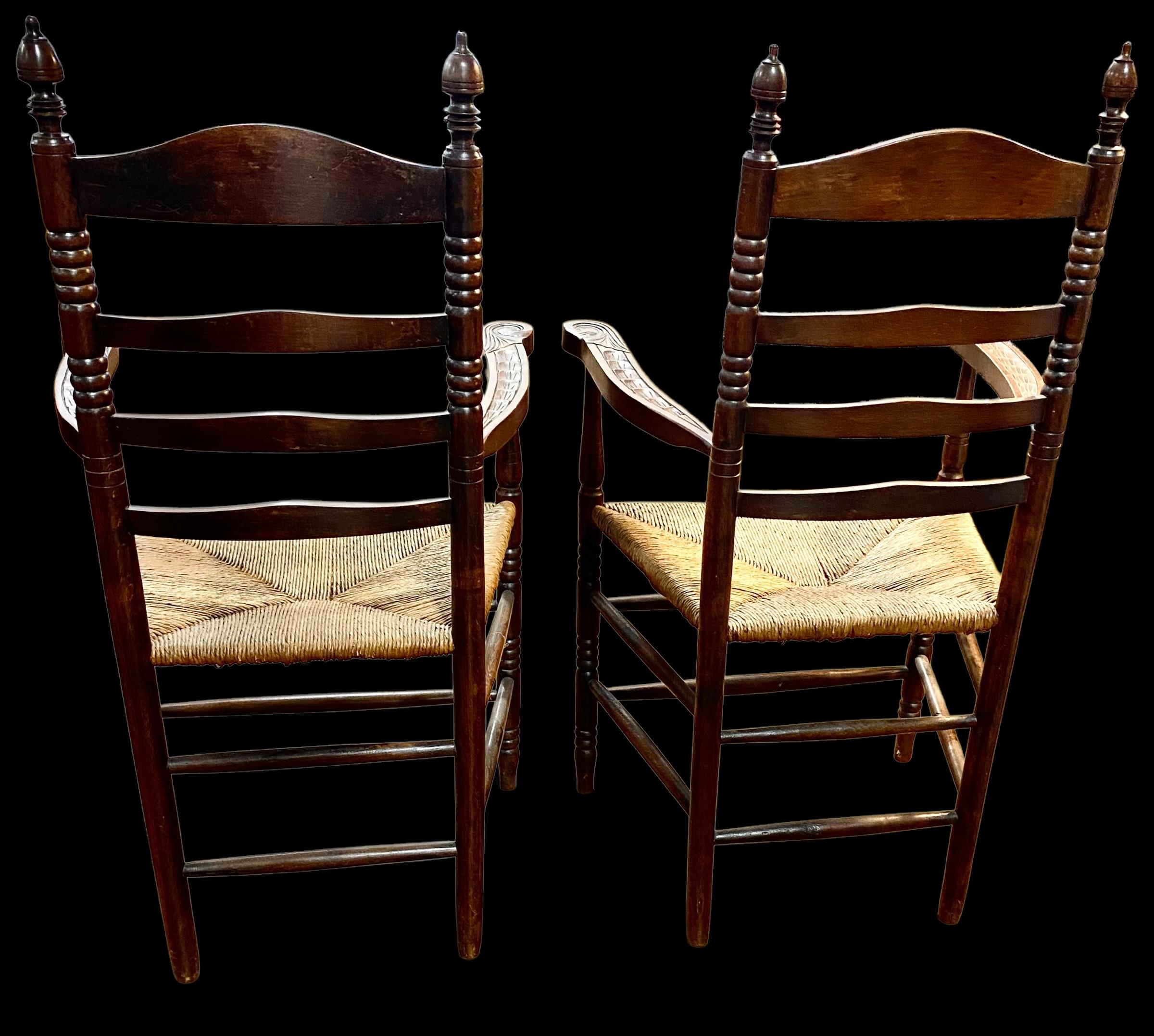 Antique Dutch Ladder Back Carved Oak Rush Seat Armchairs For Sale 2