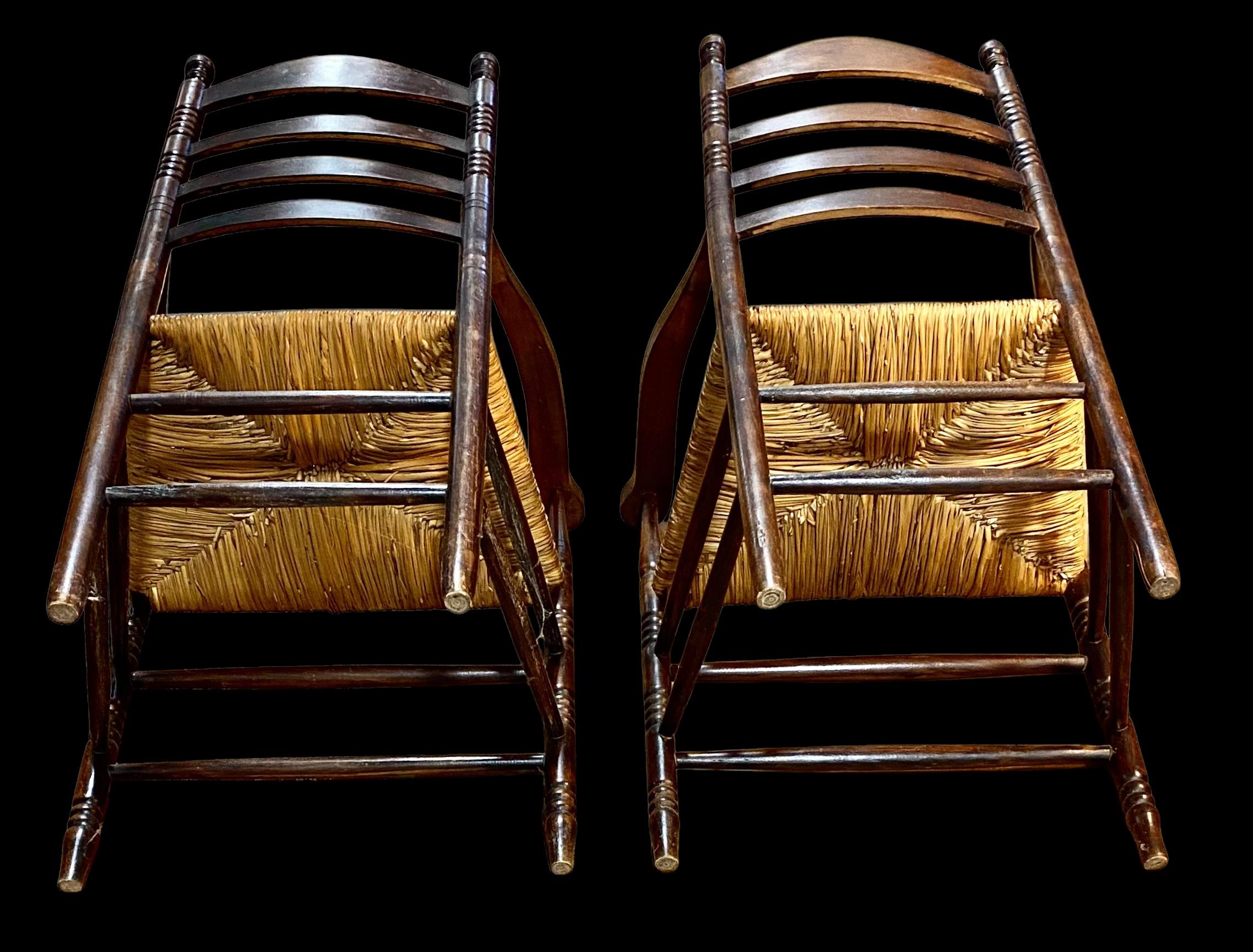 Antique Dutch Ladder Back Carved Oak Rush Seat Armchairs For Sale 3