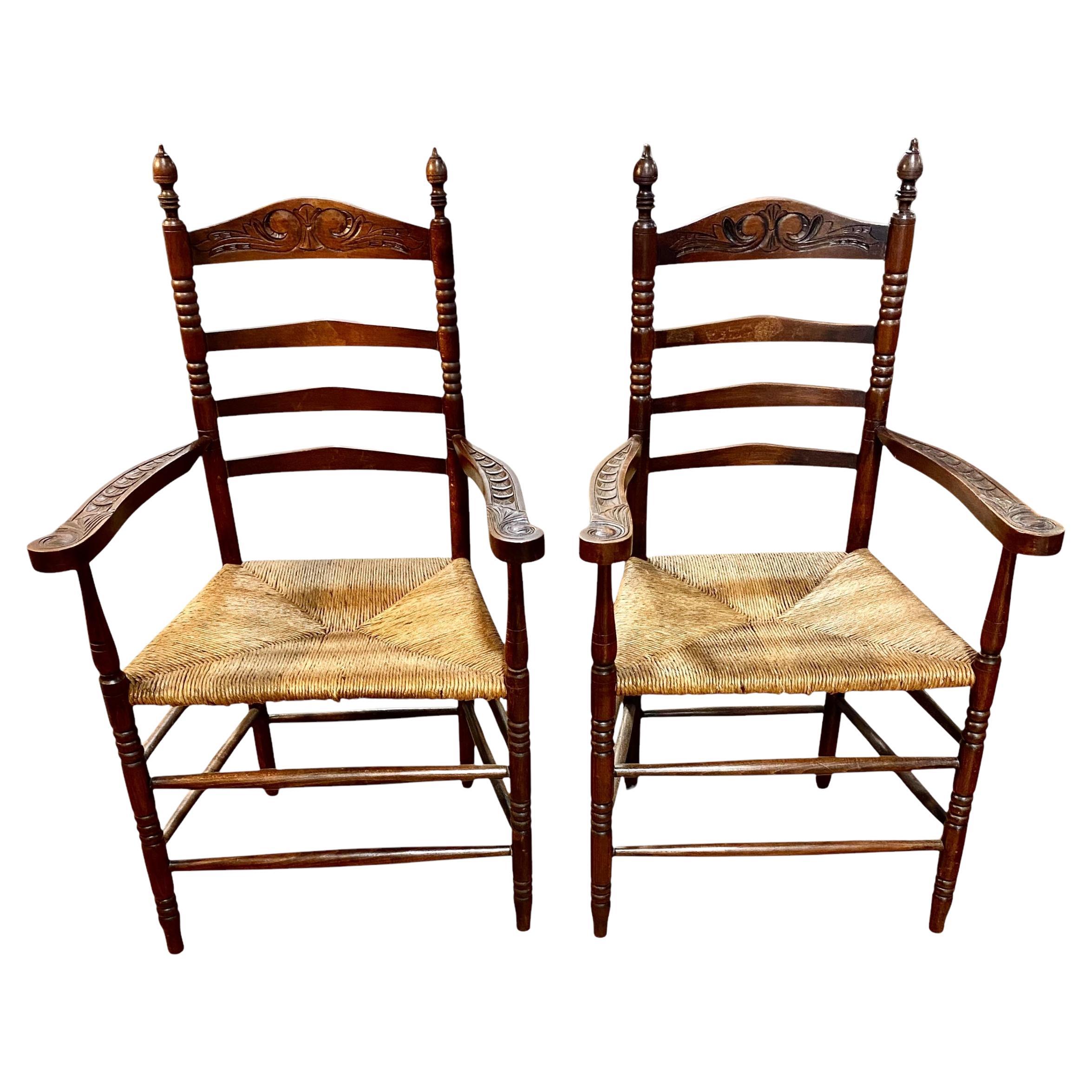 Antique Dutch Ladder Back Carved Oak Rush Seat Armchairs