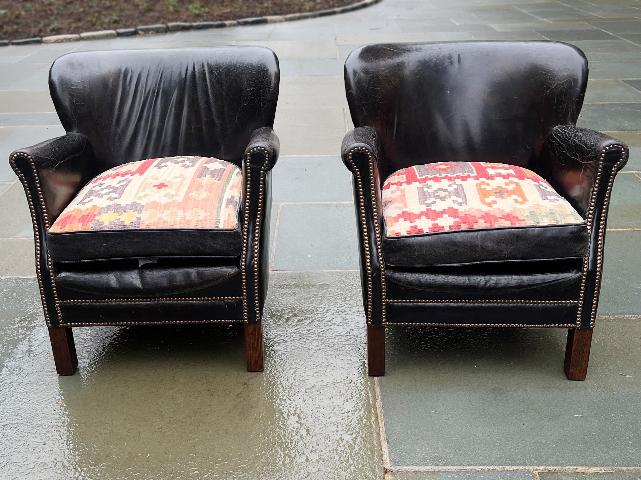 Antique Dutch Leather Club Chairs With Reversible Seats - A Pair For Sale 7