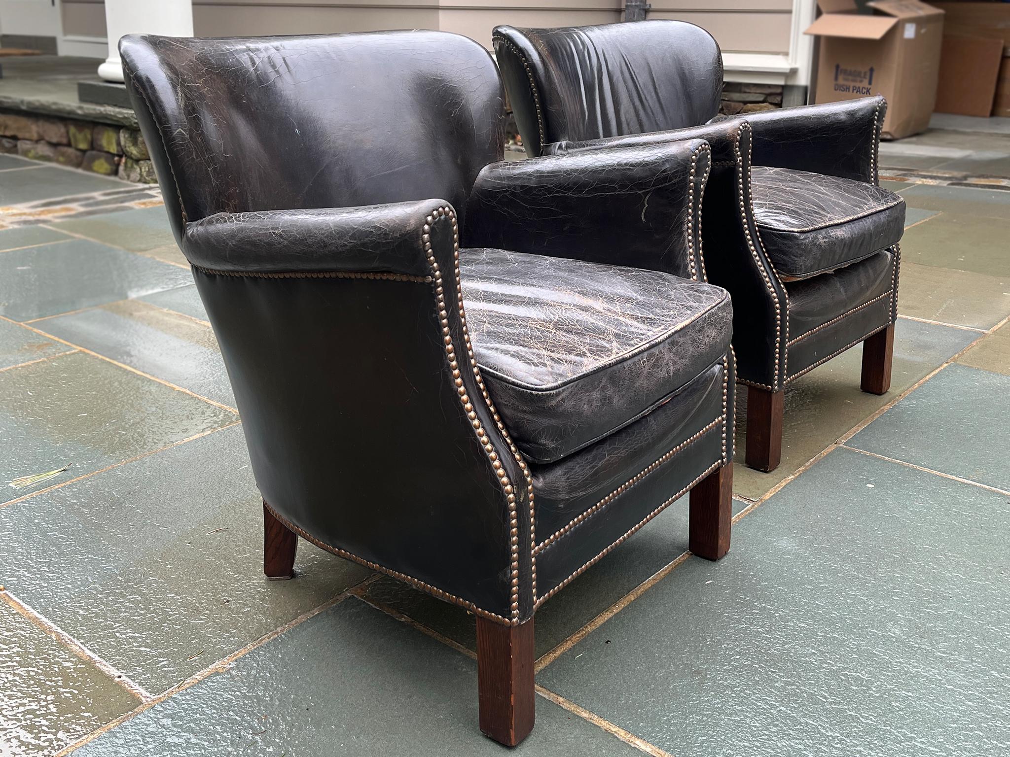 Hand-Crafted Antique Dutch Leather Club Chairs With Reversible Seats - A Pair For Sale