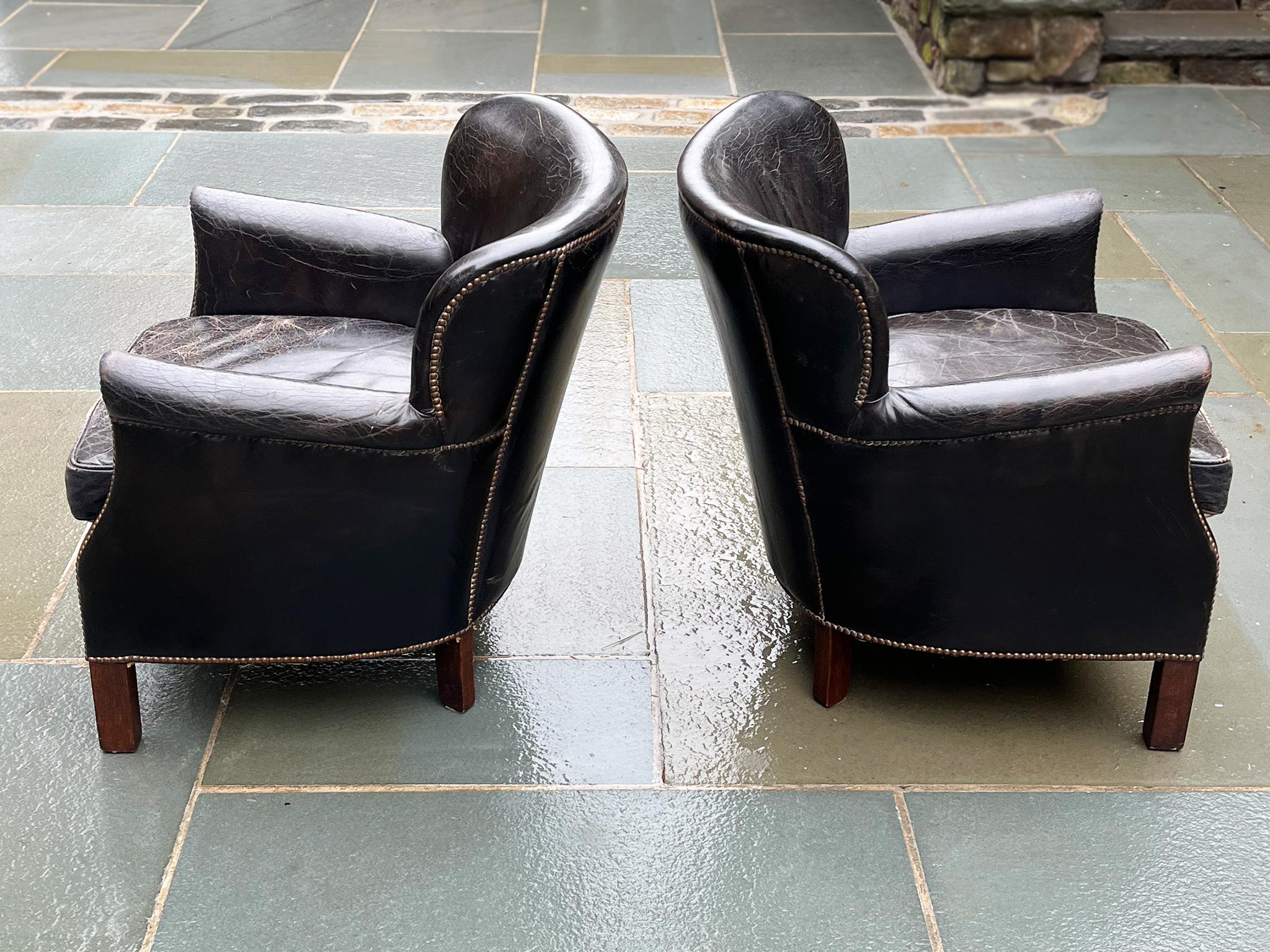 Brass Antique Dutch Leather Club Chairs With Reversible Seats - A Pair For Sale