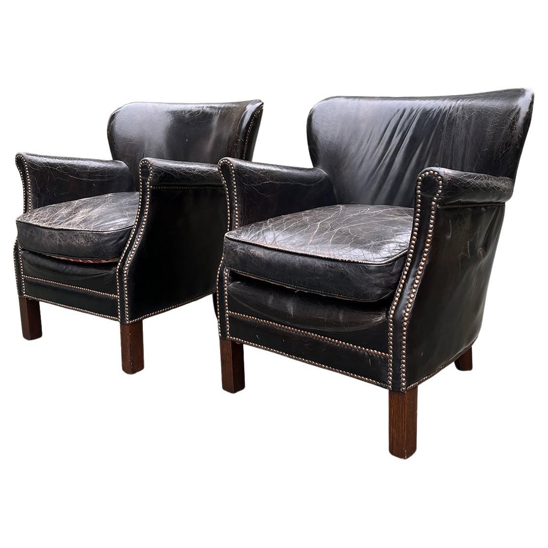 Antique Dutch Leather Club Chairs With Reversible Seats - A Pair