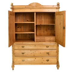 Antique Dutch Linen Press in Pine with Sunburst Pediment & Barley Twist Columns