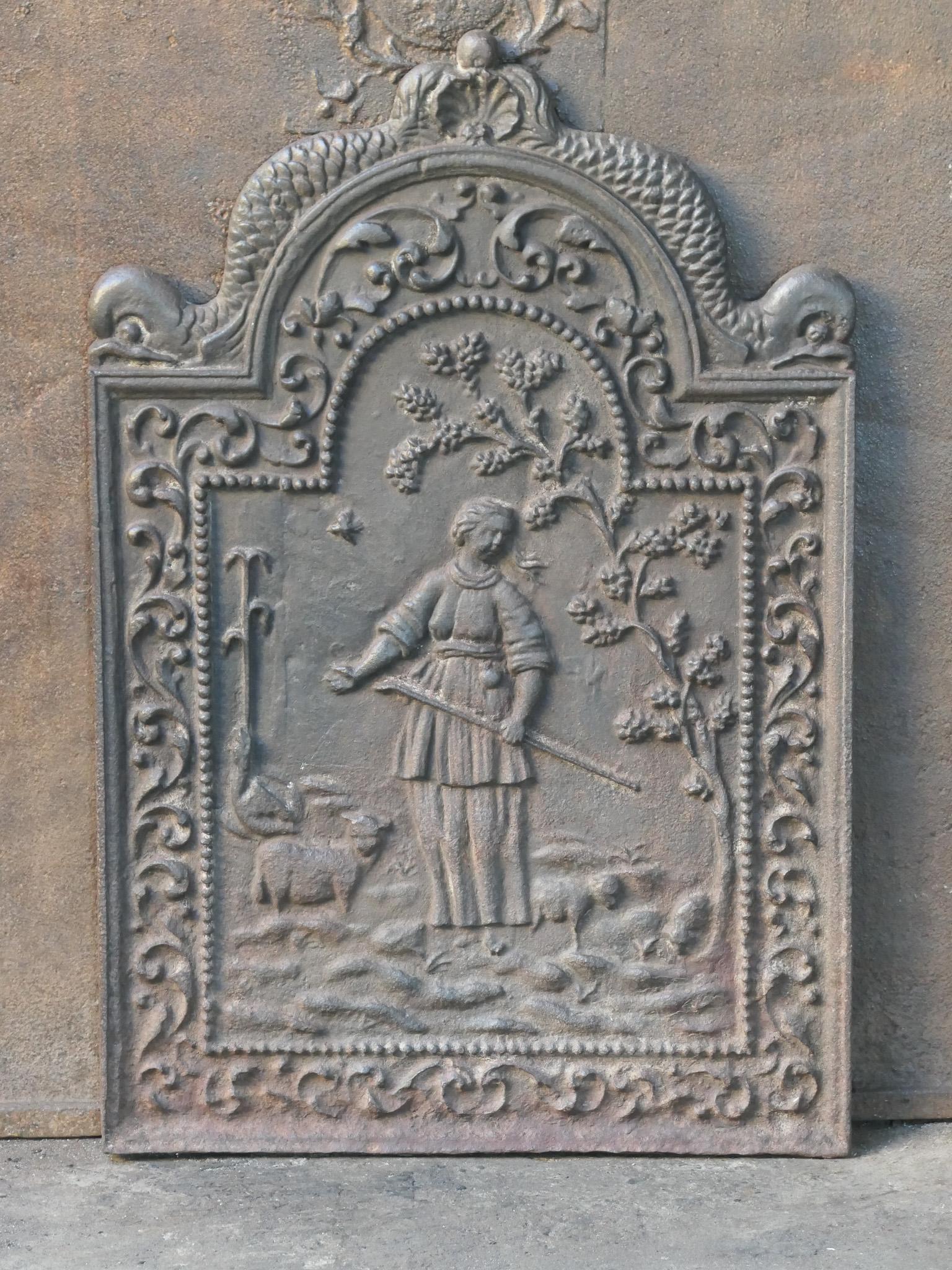 Cast Antique Dutch Louis XIV 'Shepherdess' Fireback / Backsplash For Sale