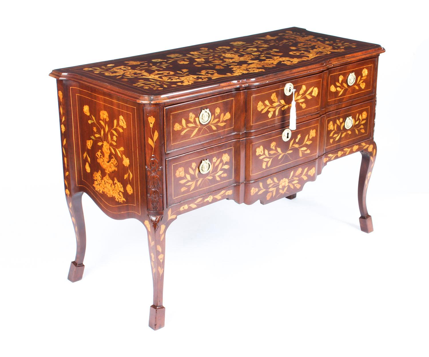 Antique Dutch Mahogany and Marquetry Block Front Commode Chest, 19th Century For Sale 15