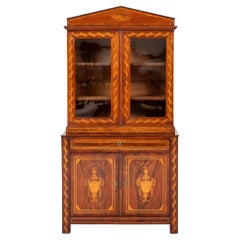 Antique Dutch Mahogany Bookcase, Glazed Cabinet Marquetry Inlay, 1860