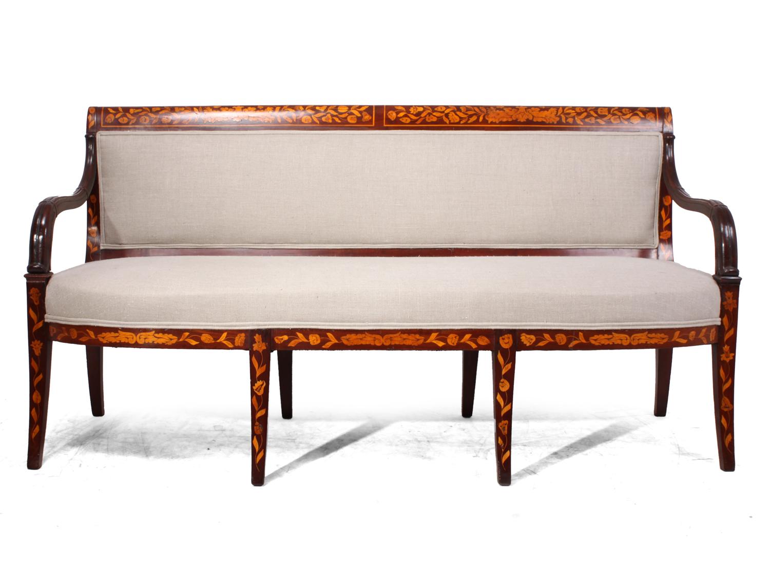 Antique Dutch mahogany marquetry sofa, circa 1840.
An Antique Dutch marquetry inlaid bench sofa, produced circa 1840 beautifully inlaid with garlands, the sofa has been fully restored and polished every joint is solid and strong, the sofa has also