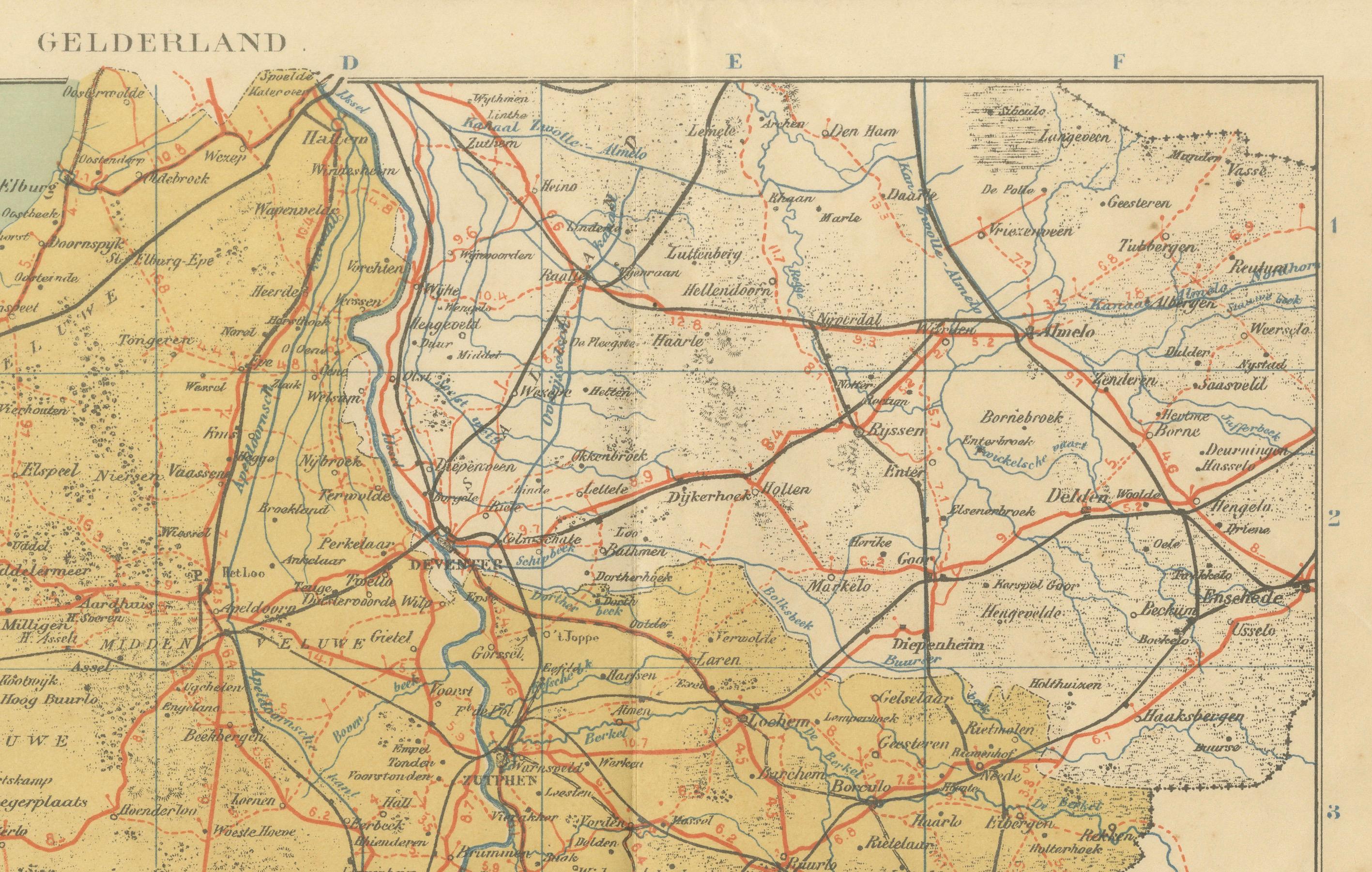 Ancienne carte néerlandaise de Gelderland - Atlas provincial de Sleeswijk, 1914 Bon état - En vente à Langweer, NL