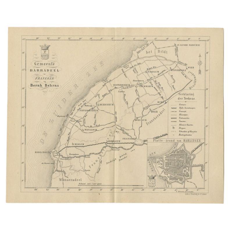 Antique Dutch Map of The Barradeel Township by Behrns, 1861 For Sale