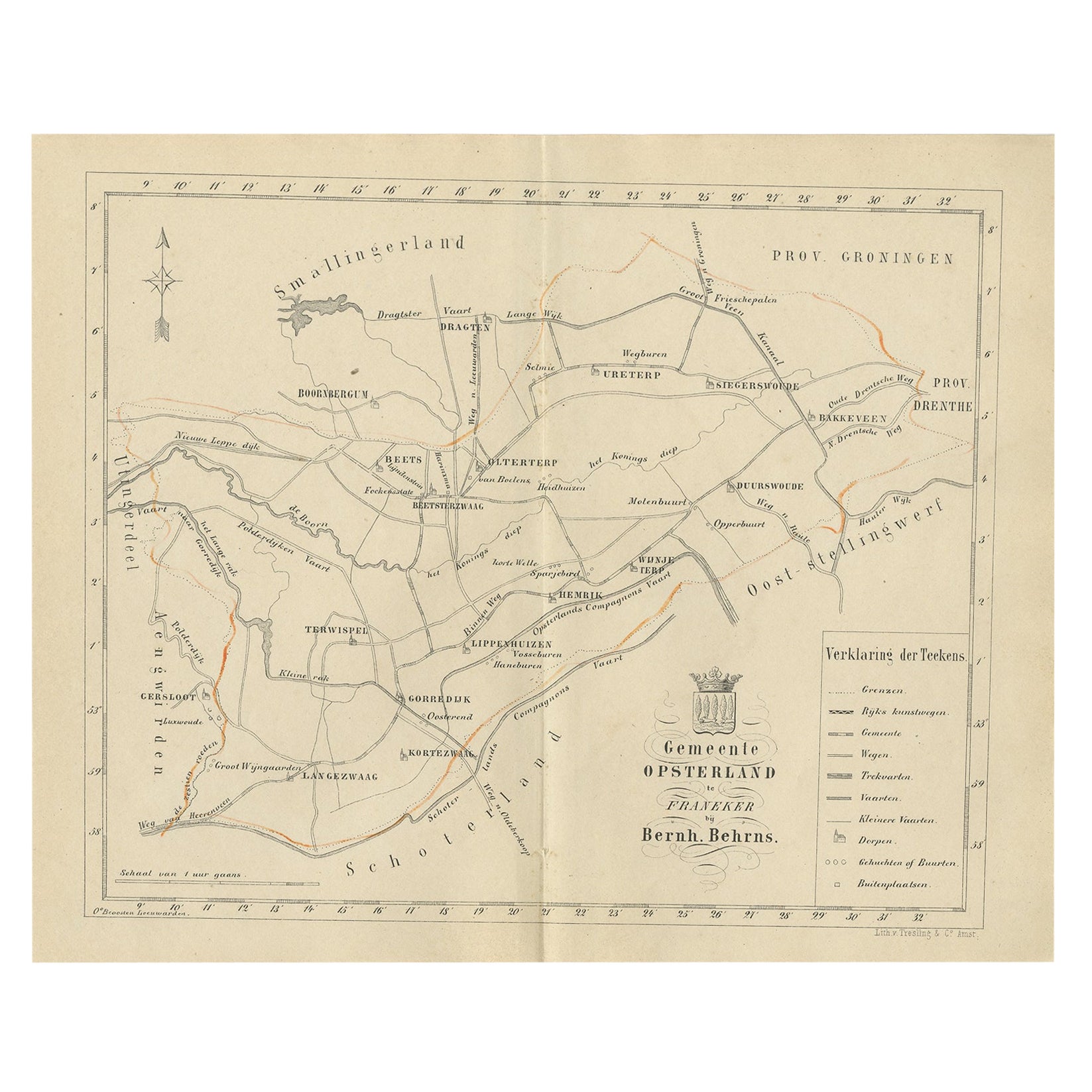 Carta geografica antica olandese del comune di Opsterland in Frisia, 1861