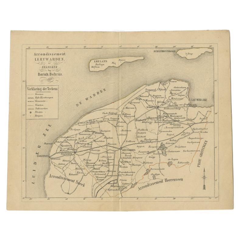 Antique Dutch Map of The Region of Leeuwarden by Behrns, 1861 For Sale